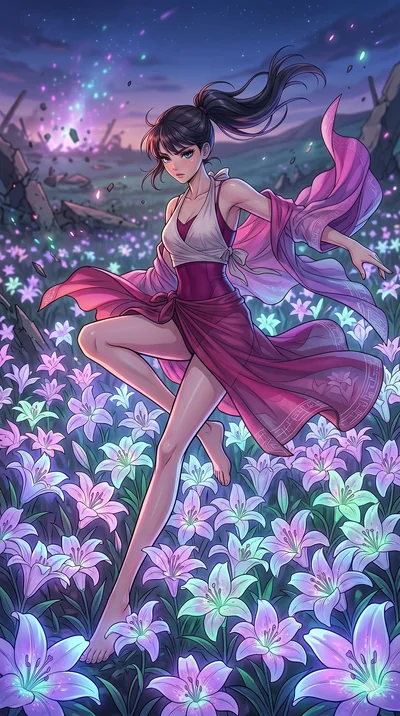 score_9, masterpiece, best quality, ultra-detailed, high-budget anime movie keyframe, cinematic anime lighting, intricate line art, Japanese woman. Low angle cowboy shot capturing a powerful motion and statuesque presence. collapsing onto a bed of gl