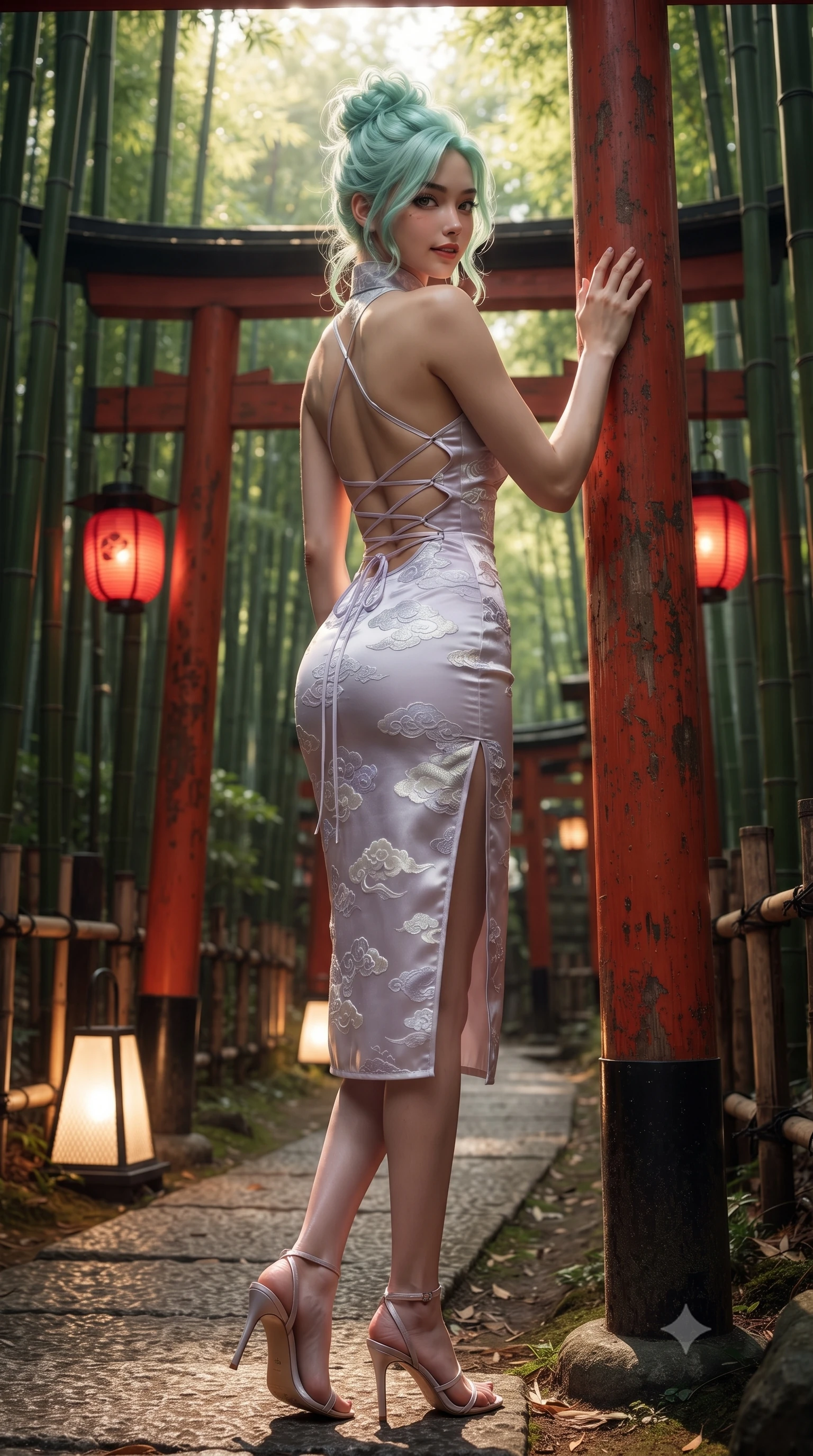 score_9, masterpiece, best quality, ultra-detailed, high-budget anime keyframe, editorial fashion photography, tasteful artistic composition, Japanese woman. low angle full-body shot from head to toe showing her feet, filling the entire 9:16 vertical frame with her statuesque presence, stretching her vertical silhouette. walking slowly through the bamboo pathway, looking back over her shoulder with an air of effortless oriental grace and an alluring, smoldering smile while leaning against a vermilion wooden gate post with hips cocked back, looking back over a bare shoulder with a dangerous, smoldering half-smile. The surrounding environment is rendered in vivid detail and crisp panoramic clarity: detailed modern kimono fabric drape, scarlet lantern specular highlights on skin, and shrine gate architecture in high clarity. She has an absolutely perfect, statuesque 8.5-heads proportion, an exceptionally tall and slender model-like female figure with impossibly long slender legs, an ultra-slim waist, a flat toned midriff, narrow delicate ribcage, and beautifully sculpted feminine hips creating a graceful, slim hourglass silhouette without any bulky heaviness. sharp v-shaped jawline, high-bridge nose, intricate jewel-like dark sparkling almond eyes with depth, thick lashes, glossy parted lips with a natural rose-plum sheen, bright alluring and coquettish smile with bedroom-eyes, exuding both timeless oriental elegance and sovereign high-fashion allure, flawlessly proportioned anatomical accuracy, strict slender model proportions, natural body alignment, perfectly sculpted long slender limbs, ultra-slim waistline, clean dynamic posture without body distortion. wearing a backless lace-up silk sundress with traditional cloud embroidery and an ultra-fitted hip-hugging silhouette in frosted lilac mist and pearlescent alabaster, tailored from sheer gossamer silk organza with an airy weightless flutter, finished with criss-cross back satin laces tracing her slender spine, the precision-cut side hip slits and low-back scoop framing her graceful spine and the sensual sweep of her slim, toned hips. illuminated by low pathway lanterns and sharp ruby-gold rim lights defining her razor-sharp jawline, narrow waist, and curvy hips. ultra-reflective glossy finish, specular highlights, rich textural contrasts, high-contrast stereoscopic depth, volumetric dynamic lighting, 2k, ultra detail, master piece, 9:16 ratio