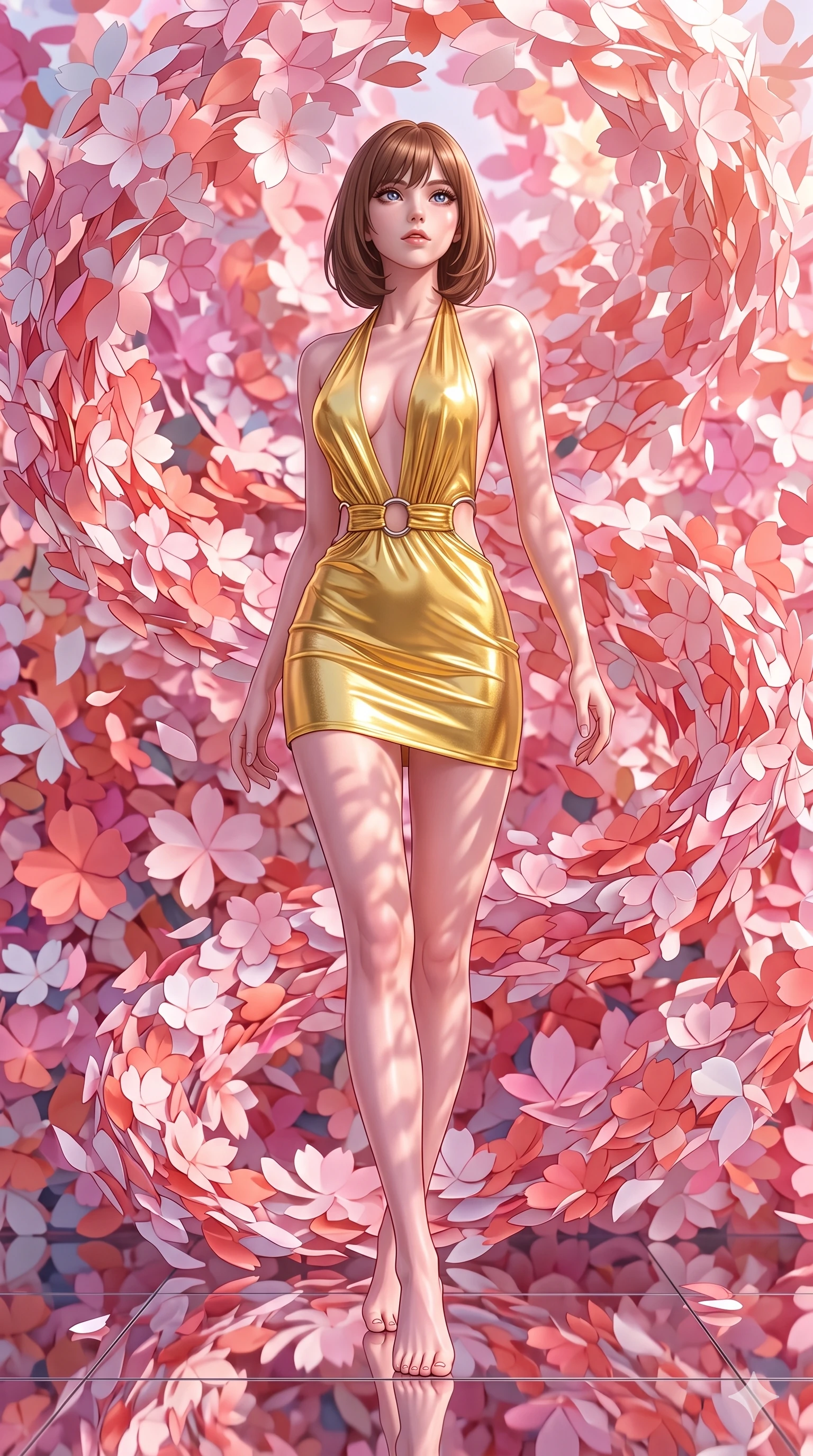score_9, masterpiece, best quality, ultra-detailed, high-budget anime keyframe, editorial fashion photography, tasteful artistic composition, Caucasian woman, strictly human ears. low angle full-body shot from head to toe showing her feet, filling the entire 9:16 vertical frame with her statuesque presence, stretching her vertical silhouette. threading her way through caught in a magnificent whirlwind of thousands of paper cherry blossoms that continuously unfold and refold in kaleidoscopic motion creating spiraling patterns of pink white and coral paper petals. She has a statuesque 8.5-heads proportion, an exceptionally tall, slender and willowy model-like build with impossibly long legs and a highly sculpted ultra-slim waist. sharp v-shaped jawline, high-bridge nose, intricate jewel-like eyes with depth, thick eyelashes, glossy lips with a natural sheen. wearing a backless halter mini dress in liquid yellow gold, featuring a plunging front cutout and chrome rings at her ultra-slim waist. warm spring sunlight filtering through the paper petals creating a soft pink-tinted glow with dappled shadows that dance and shift constantly. 2k, ultra detail, master piece, 9:16 ratio