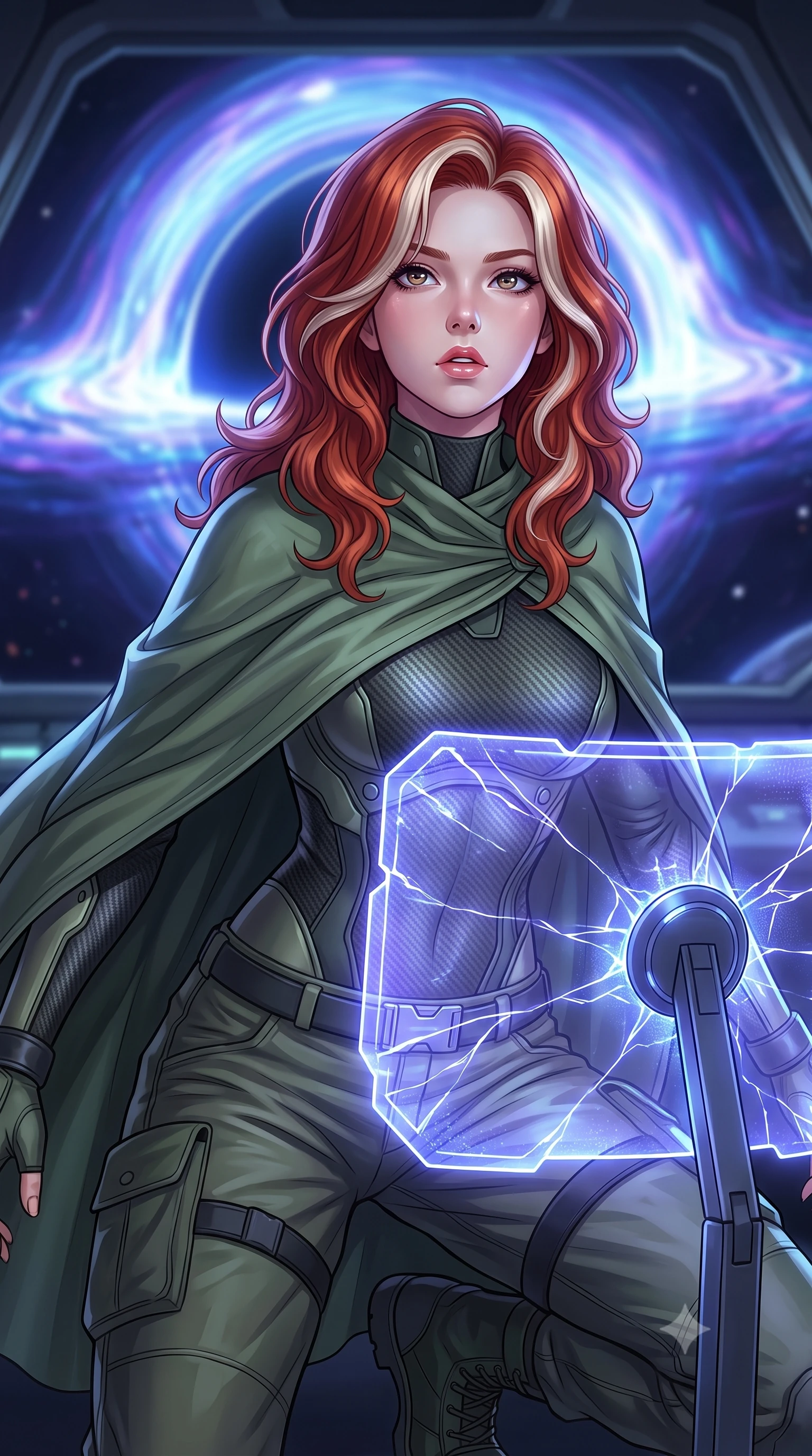 score_9, masterpiece, best quality, ultra-detailed, high-budget anime keyframe, editorial fashion photography, tasteful artistic composition, Caucasian woman. close-up cowboy shot from the waist and thighs up, the character dominates the composition, filling the frame with her large presence, background elements kept in soft focus. crouching slightly behind a glowing holographic shield emitter, looking up with defiance and lips slightly parted, the background shows a soft-focus a citadel cockpit window view facing a black hole singularity in deep space. She has an exceptionally elegant, slender, and willowy female figure with an ultra-slim waist, a gracefully sculpted slender torso, and a refined silhouette. sharp v-shaped jawline, high-bridge nose, intricate jewel-like eyes with depth, thick eyelashes, glossy lips with a natural sheen. wearing a body-hugging tactical combat cloak in muted green cotton, draped over a high-collar carbon-weave under-armor suit and cargo pants. intense blue and violet light ripples from the singularity casting reflections. highly saturated vibrant anime colors, detailed shading with soft gradients, rich glossy textures, high-contrast stereoscopic depth, volumetric dynamic lighting, master piece, 9:16 ratio