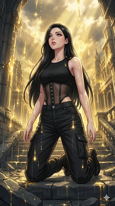 score_9, masterpiece, best quality, ultra-detailed, high-budget anime movie keyframe, cinematic anime lighting, intricate line art, Japanese anime girl. Dynamic full-body shot stretching the vertical silhouette with extreme perspective. kneeling in a