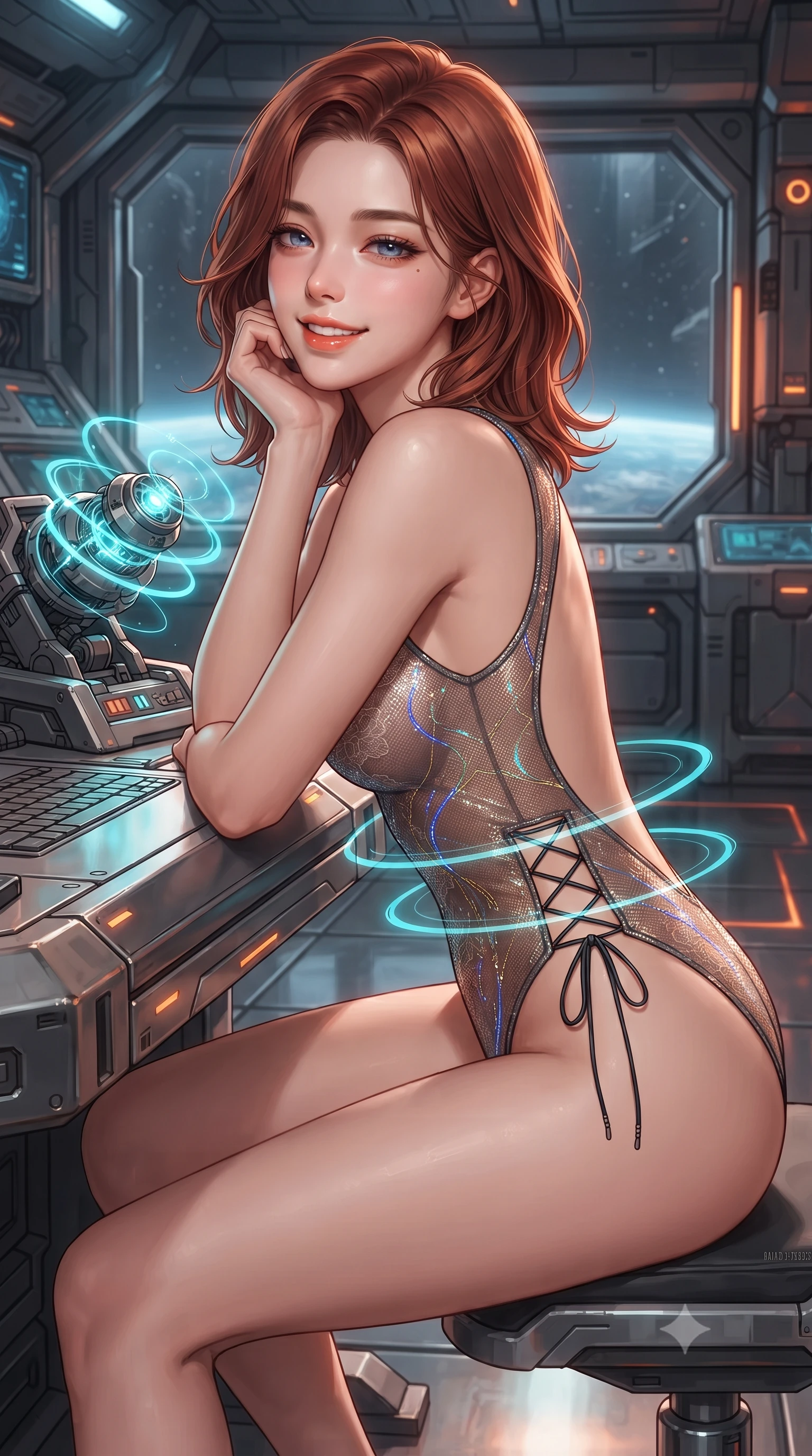 score_9, masterpiece, best quality, ultra-detailed, high-budget anime keyframe, editorial fashion photography, tasteful artistic composition, Korean woman. close-up cowboy shot from the waist and thighs up, the character dominates the composition, filling the frame with her large presence. resting one elbow on the table and supporting her chin, leaning close to the camera with heavy-lidded sparkling eyes and parted lips while twisting her slender torso in an alluring contrapposto stance beside the primary laser emitter, pulsing cyan energy rings highlighting her narrow waist and curvy hips. The surrounding environment is rendered in vivid detail and crisp panoramic clarity: detailed dress uniform tailoring, metallic insignias, and futuristic deep-earth energy architecture in razor-sharp precision. She has an exceptionally elegant, slender, and willowy female figure with an ultra-slim waist, flat toned midriff, narrow ribcage, and sculpted feminine hips creating an alluring, slim hourglass silhouette without bulk. sharp v-shaped jawline, high-bridge nose, intricate jewel-like sparkling eyes with depth, thick eyelashes, glossy parted lips with a natural peach sheen, bright cheerful beaming smile with an enchanting and coquettish sensual glint, exuding both youthful cute charm and seductive allure, flawlessly proportioned anatomical accuracy, strict slender model proportions, natural body alignment, perfectly sculpted long slender limbs, ultra-slim waistline, clean dynamic posture without body distortion. wearing an alluring backless sheer lace combat leotard with high-cut leg openings and delicate fiber-optic embroidery framing her spine in Jovian storm amber and electric cobalt, crafted from stretch micro-mesh with liquid foil coating that shimmers with every movement, featuring fine criss-cross lace-up side ties revealing tantalizing glimpses of her hip curve, the impeccably tailored cut draping gracefully along her slender figure with aristocratic poise. illuminated by glass floor reflection bounce and sharp magma-amber rim lights sculpting her jawline, narrow waist, and curvy hips. ultra-reflective glossy finish, specular highlights, rich textural contrasts, high-contrast stereoscopic depth, volumetric dynamic lighting, 2k, ultra detail, master piece, 9:16 ratio