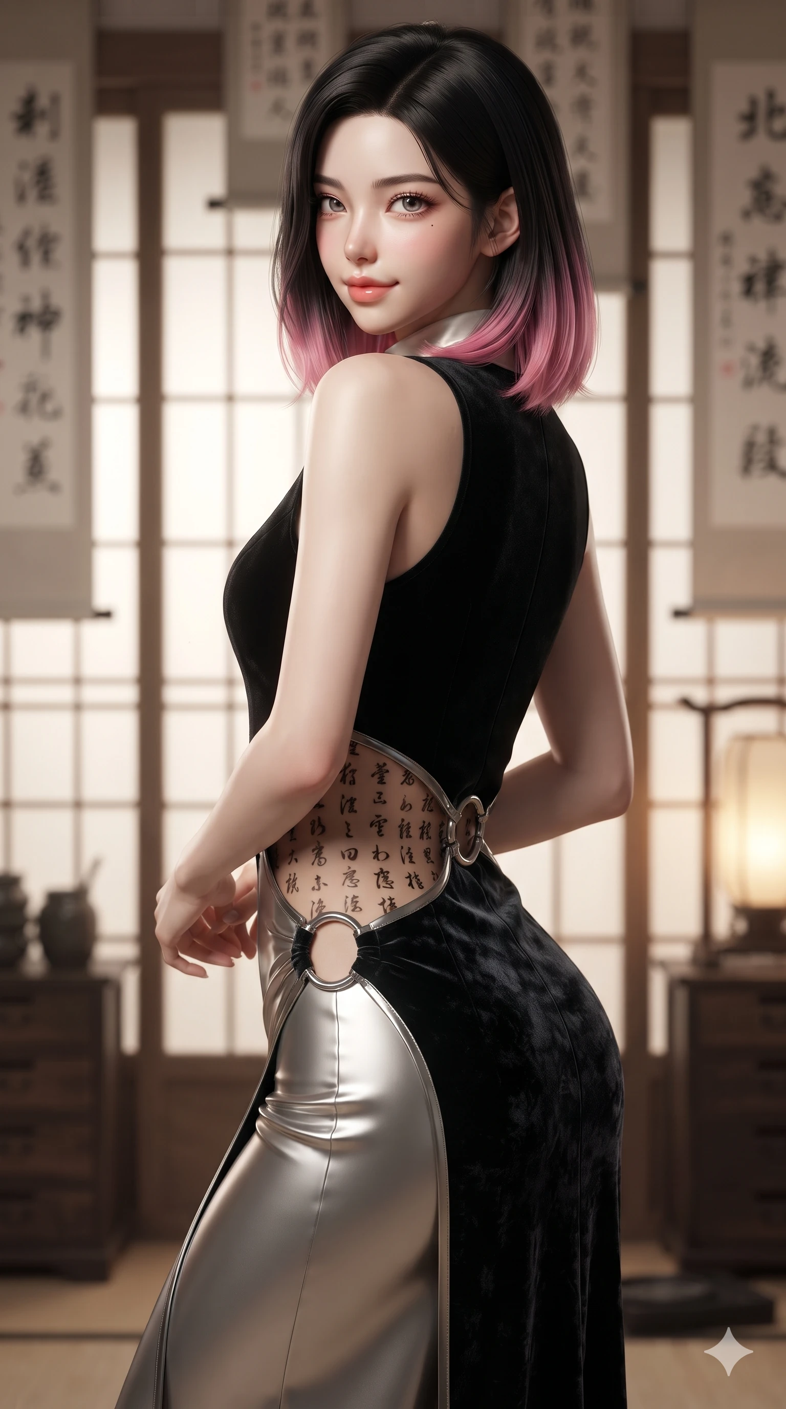 score_9, masterpiece, best quality, ultra-detailed, high-budget anime keyframe, editorial fashion photography, tasteful artistic composition, Korean woman. close-up cowboy shot from the waist and thighs up, the character dominates the composition, filling the frame with her large presence. posing in an alluring rear three-quarter angle, looking over a bare shoulder with parted glossy lips, her hips cocked back to highlight her slim hourglass curve while twisting her slender torso in an alluring contrapposto stance, ink brush scroll characters casting dramatic silhouettes across her flat midriff. The background shows a soft-focus floor-to-ceiling hanging rice-paper calligraphy scrolls, cedar bookchests, and ceramic inkstones blurred into cream, sepia, and charcoal bokeh. She has an exceptionally elegant, slender, and willowy female figure with an ultra-slim waist, flat toned midriff, narrow ribcage, and sculpted feminine hips creating an alluring, slim hourglass silhouette without bulk. sharp v-shaped jawline, high-bridge nose, sparkling eyes with hypnotic seductive depth, thick curled eyelashes, glossy parted lips with a natural dewy peach sheen, alluring bedroom-eyes with an enchanting coquettish smile, exuding magnetic siren charisma and sophisticated glamour, flawlessly proportioned anatomical accuracy, strict slender model proportions, natural body alignment, perfectly sculpted long slender limbs, ultra-slim waistline, clean dynamic posture without body distortion. wearing an aristocratic black velvet baeja vest worn over a tailored high-neck ivory silk maxi dress in liquid mercury chrome and deep ink black, tailored from crushed dark velvet with deep light-absorbing plush texture, accented with sculptural chrome hardware rings framing the subtle cutouts, the impeccably tailored cut draping gracefully along her slender figure with aristocratic eastern poise. bathed in soft diffuse light filtering through paper shoji screens and warm oil lamp glow. ultra-reflective glossy finish, specular highlights, rich textural contrasts, high-contrast stereoscopic depth, volumetric dynamic lighting, 2k, ultra detail, master piece, 9:16 ratio