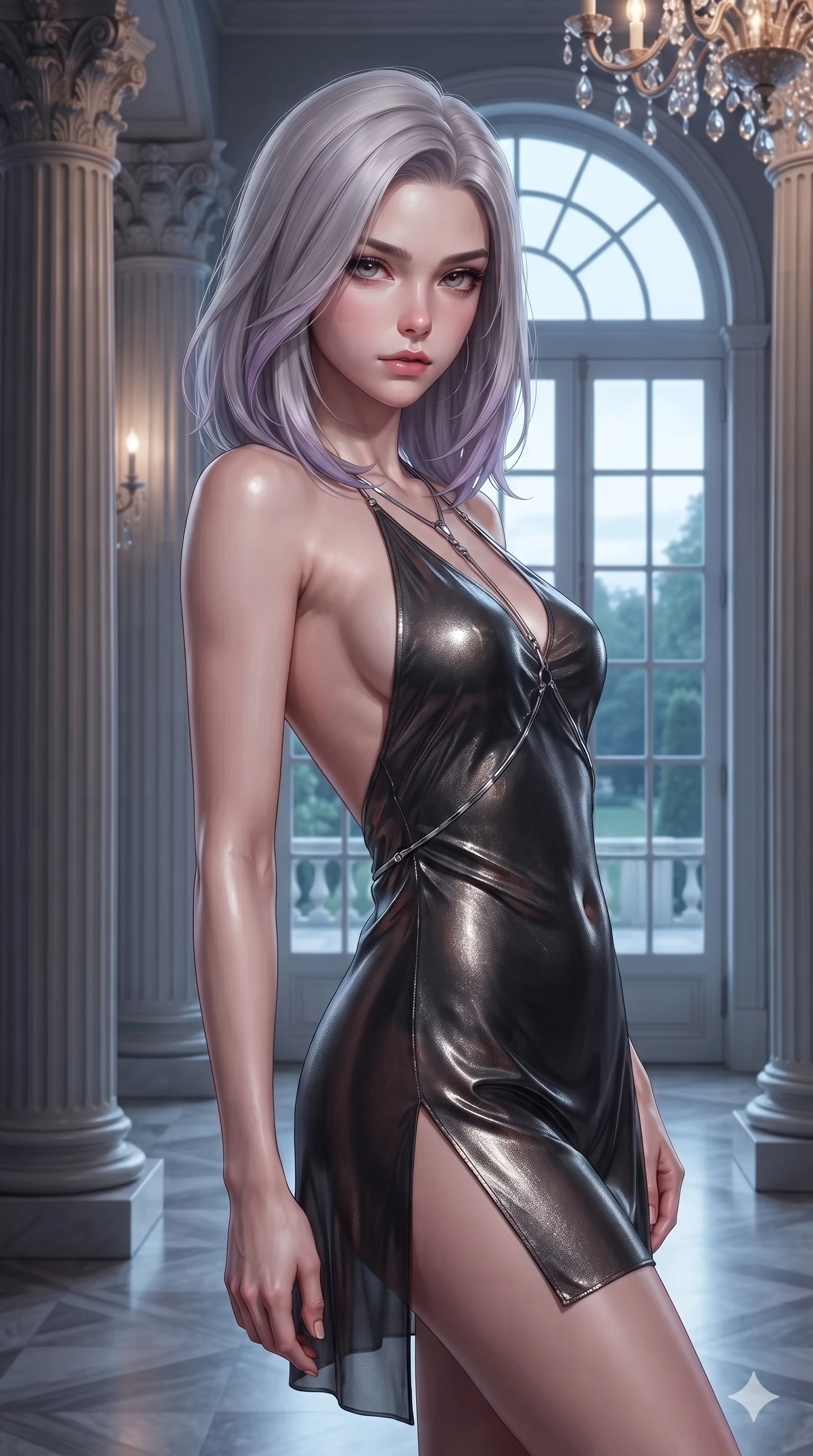 score_9, masterpiece, best quality, ultra-detailed, high-budget anime keyframe, editorial fashion photography, tasteful artistic composition, Caucasian woman. close-up cowboy shot from the waist and thighs up, the character dominates the composition, filling the frame with her large presence. leaning back with relaxed seductive grace, her sculpted collarbones and narrow waist highlighted as she casts smoldering bedroom-eyes directly into the camera while standing poised between towering fluted Corinthian columns, twisting her slender torso in an alluring contrapposto stance beside towering arched French doors. The surrounding environment is rendered in vivid detail and crisp panoramic clarity: detailed bespoke fashion tailoring, high-gloss satin sheen, and classical palace architecture in razor-sharp precision. She has an exceptionally elegant, slender, and willowy female figure with an ultra-slim waist, flat toned midriff, narrow ribcage, and sculpted feminine hips creating an alluring, slim hourglass silhouette without bulk. sharp v-shaped jawline, high-bridge nose, intricate jewel-like eyes with depth, thick eyelashes, glossy parted lips with a natural sheen, intensely captivating and seductive bedroom-eyes expression, flawlessly proportioned anatomical accuracy, strict slender model proportions, natural body alignment, perfectly sculpted long slender limbs, ultra-slim waistline, clean dynamic posture without body distortion. wearing an alluring backless metallic lamé halterneck mini dress with scoop back to the lower spine and thigh-high slit in dark onyx black and molten platinum, crafted from translucent silk organza with an ethereal crystalline sheen, accented with a chrome-drop body harness subtly framing her dewy collarbones and spine, the impeccably tailored cut draping gracefully along her slender figure with aristocratic poise. illuminated by cool Mediterranean twilight streaming through arched windows mixed with warm interior chandelier bounce. ultra-reflective glossy finish, specular highlights, rich textural contrasts, high-contrast stereoscopic depth, volumetric dynamic lighting, 2k, ultra detail, master piece, 9:16 ratio