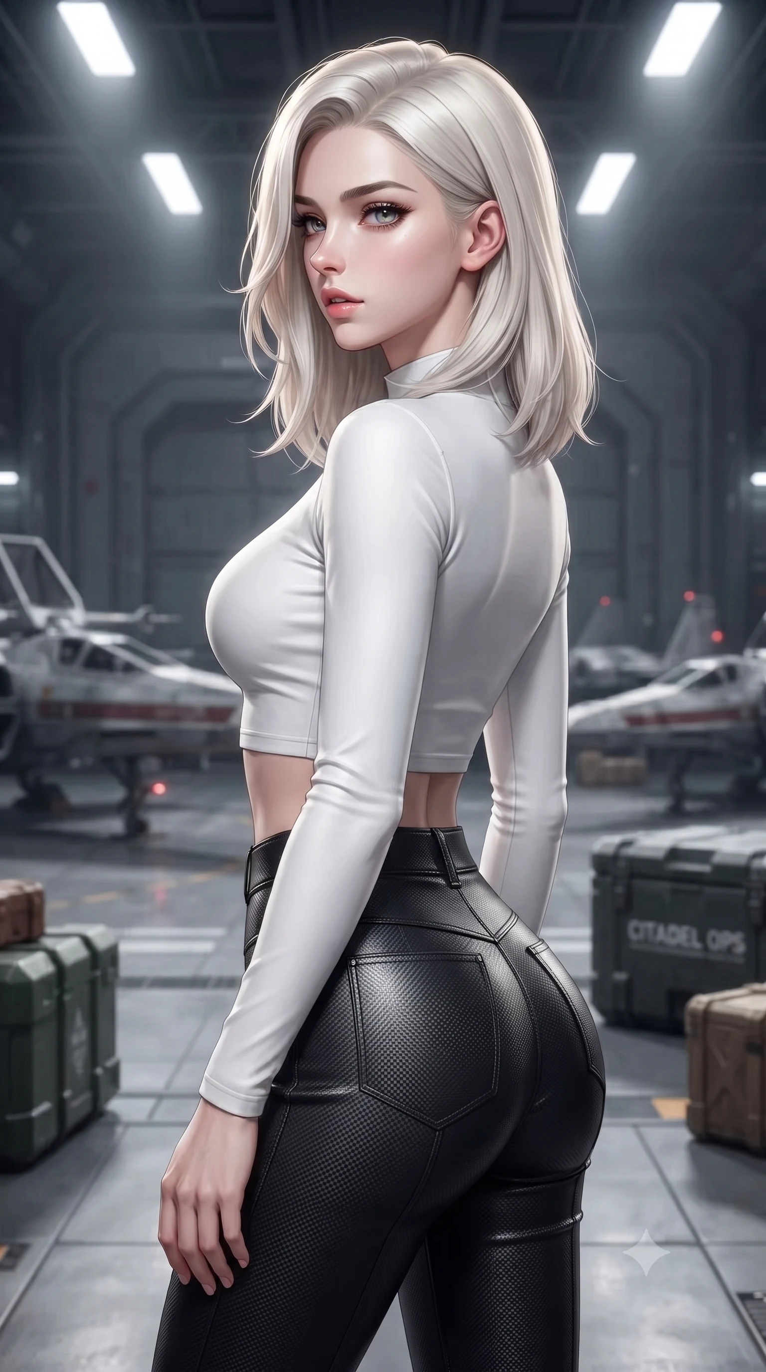 score_9, masterpiece, best quality, ultra-detailed, high-budget anime keyframe, editorial fashion photography, tasteful artistic composition, Caucasian woman. close-up cowboy shot from the waist and thighs up, the character dominates the composition, filling the frame with her large presence, background elements kept in soft focus. turning her face in profile to look over her shoulder, casting a smoldering side gaze with lips slightly parted, the background shows a soft-focus a citadel hangar bay with parked fighter spacecrafts and cargo crates. She has an exceptionally elegant, slender, and willowy female figure with an ultra-slim waist, a gracefully sculpted slender torso, and a refined silhouette. sharp v-shaped jawline, high-bridge nose, intricate jewel-like eyes with depth, thick eyelashes, glossy lips with a natural sheen. wearing a tailored body-hugging long-sleeve tactical crop top in pure white, paired with high-waisted black carbon-weave skinny pants. focused overhead white spotlights highlighting metallic textures on her gear. ultra-reflective glossy finish, specular highlights, metallic sheen, high-contrast stereoscopic depth, volumetric dynamic lighting, 2k, ultra detail, master piece, 9:16 ratio