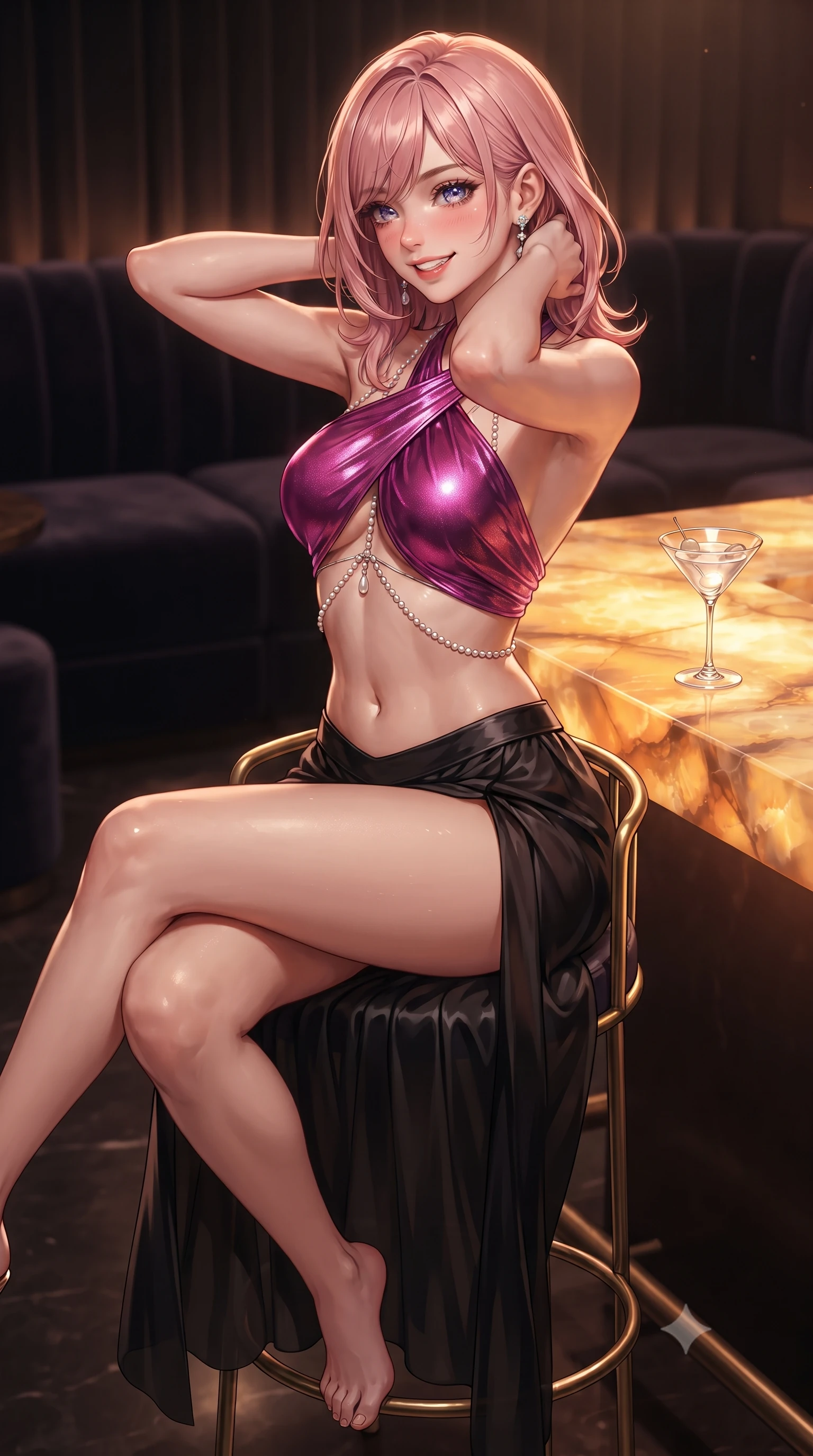 score_9, masterpiece, best quality, ultra-detailed, high-budget anime keyframe, editorial fashion photography, tasteful artistic composition, Japanese woman. close-up cowboy shot from the waist and thighs up, the character dominates the composition, filling the frame with her large presence. resting both hands lightly behind her neck with elbows raised, arching her spine to highlight her narrow waist, flat midriff, and breathtaking collarbones while sitting poised on the high brass barstool with legs crossed, arching her lower back to highlight her curvy hips as she toys with her cocktail. The background shows a soft-focus dark velvet lounge booths softened in ultra-exclusive Tokyo private club shallow focus. She has an exceptionally elegant, slender, and willowy female figure with an ultra-slim waist, flat toned midriff, narrow ribcage, and sculpted feminine hips creating an alluring, slim hourglass silhouette without bulk. sharp v-shaped jawline, high-bridge nose, intricate jewel-like sparkling eyes with depth, thick eyelashes, glossy parted lips with a natural peach sheen, bright cheerful beaming smile with an enchanting and coquettish sensual glint, exuding both youthful cute charm and seductive allure, flawlessly proportioned anatomical accuracy, strict slender model proportions, natural body alignment, perfectly sculpted long slender limbs, ultra-slim waistline, clean dynamic posture without body distortion. wearing a modern Arabian-inspired metallic lame wrap top with bare midriff and a high-slit chiffon harem pant skirt in Tokyo neon cyber magenta and glossy obsidian black, crafted from fluid liquid silk satin that clings smoothly to her narrow waist and rounded hips with a dewy sheen, accented with a pearl-drop body harness subtly framing her dewy collarbones and spine, the glove-like clinging cut tightly following the natural contour of her hips and long slender legs with youthful 8.5-heads elegance. bathed in the rich, radiant warm-amber under-glow of the backlit translucent onyx slab. ultra-reflective glossy finish, specular highlights, rich textural contrasts, high-contrast stereoscopic depth, volumetric dynamic lighting, 2k, ultra detail, master piece, 9:16 ratio