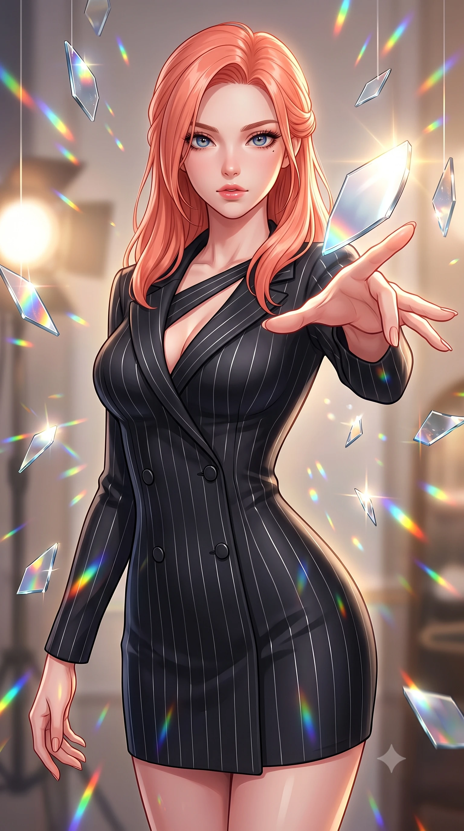 score_9, masterpiece, best quality, ultra-detailed, high-budget anime keyframe, editorial fashion photography, tasteful artistic composition, Japanese woman. close-up cowboy shot from the waist and thighs up, the character dominates the composition, filling the frame with her large presence, background elements kept in soft focus. Reaching her hand gracefully toward the camera with magnetic allure, her torso turning in a dynamic S-curve alignment while reaching out to touch a hovering mirror petal catching bright studio spotlights, shattered mirror shards scattering brilliant rainbow reflections everywhere. She has an exceptionally elegant, slender, and willowy female figure with an ultra-slim waist, a gracefully sculpted slender torso, and a refined silhouette. sharp v-shaped jawline, high-bridge nose, intricate jewel-like eyes with depth, thick eyelashes, glossy lips with a natural sheen, flawlessly proportioned anatomical accuracy, natural body alignment, perfectly sculpted elegant limbs, clean dynamic posture without body distortion. wearing a double-breasted blazer dress with subtle metallic pin-stripes in matte black and polished silver, formed from sleek second-skin neoprene, accented with a Tasteful chest slit framing her clavicle gracefully, the form-contouring material highlighting her ultra-slim waist and long lines. surrounded by a radiant, high-energy reflection aura. highly saturated vibrant anime colors, detailed shading with soft gradients, rich glossy textures, high-contrast stereoscopic depth, volumetric dynamic lighting, master piece, 9:16 ratio