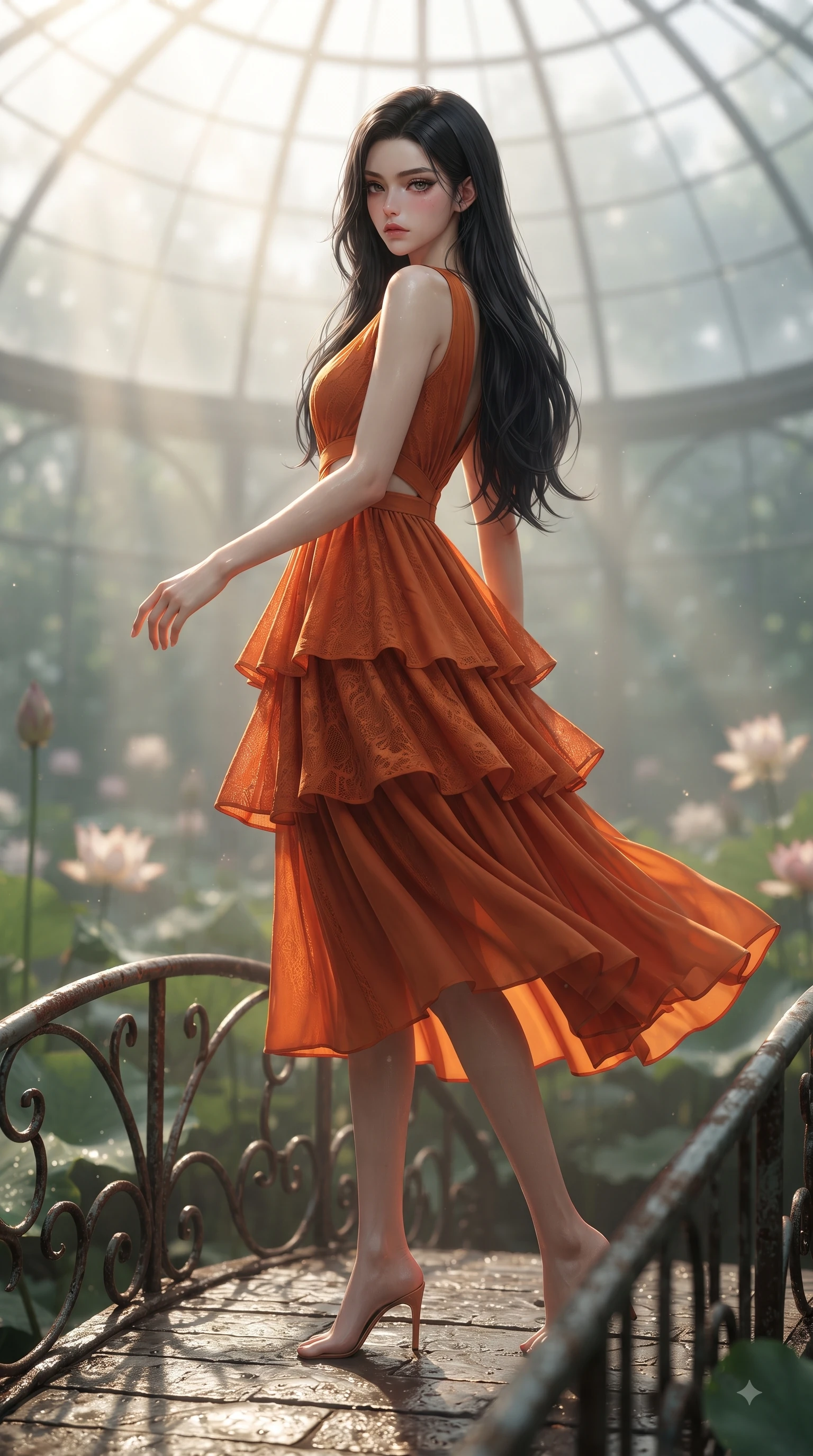 score_9, masterpiece, best quality, ultra-detailed, high-budget anime keyframe, editorial fashion photography, tasteful artistic composition, Korean woman. low angle full-body shot from head to toe showing her feet, filling the entire 9:16 vertical frame with her statuesque presence, stretching her vertical silhouette. Indifferent cold glance casting a disdainful side-eye from beneath long dark eyelashes with aloof confidence while pivoting gracefully on a wrought-iron bridge over a lotus pond dripping with morning dew. The composition keeps background elements in soft focus with dreamy bokeh. sunbeams filtering through misty glass dome panes softened in creamy depth of field. She has an absolutely perfect, statuesque 8.5-heads proportion, an exceptionally tall and slender model-like female figure with impossibly long slender legs and an ultra-slim waist. sharp v-shaped jawline, high-bridge nose, intricate jewel-like eyes with depth, thick eyelashes, glossy lips with a natural sheen, flawlessly proportioned anatomical accuracy, natural body alignment, perfectly sculpted elegant limbs, clean dynamic posture without body distortion. wearing a vibrant burnt orange chiffon tiered dress fluttering dynamically in the breeze in monochrome white and glossy black contrast, made of fine lace weave and soft satin jersey, complemented by clean architectural seams and subtle cutouts, the form-contouring material accentuating her ultra-slim waist and long lines. bathed in bright golden sunbeams streaming through glasshouse panes. ultra-reflective glossy finish, specular highlights, metallic sheen, high-contrast stereoscopic depth, volumetric dynamic lighting, 2k, ultra detail, master piece, 9:16 ratio