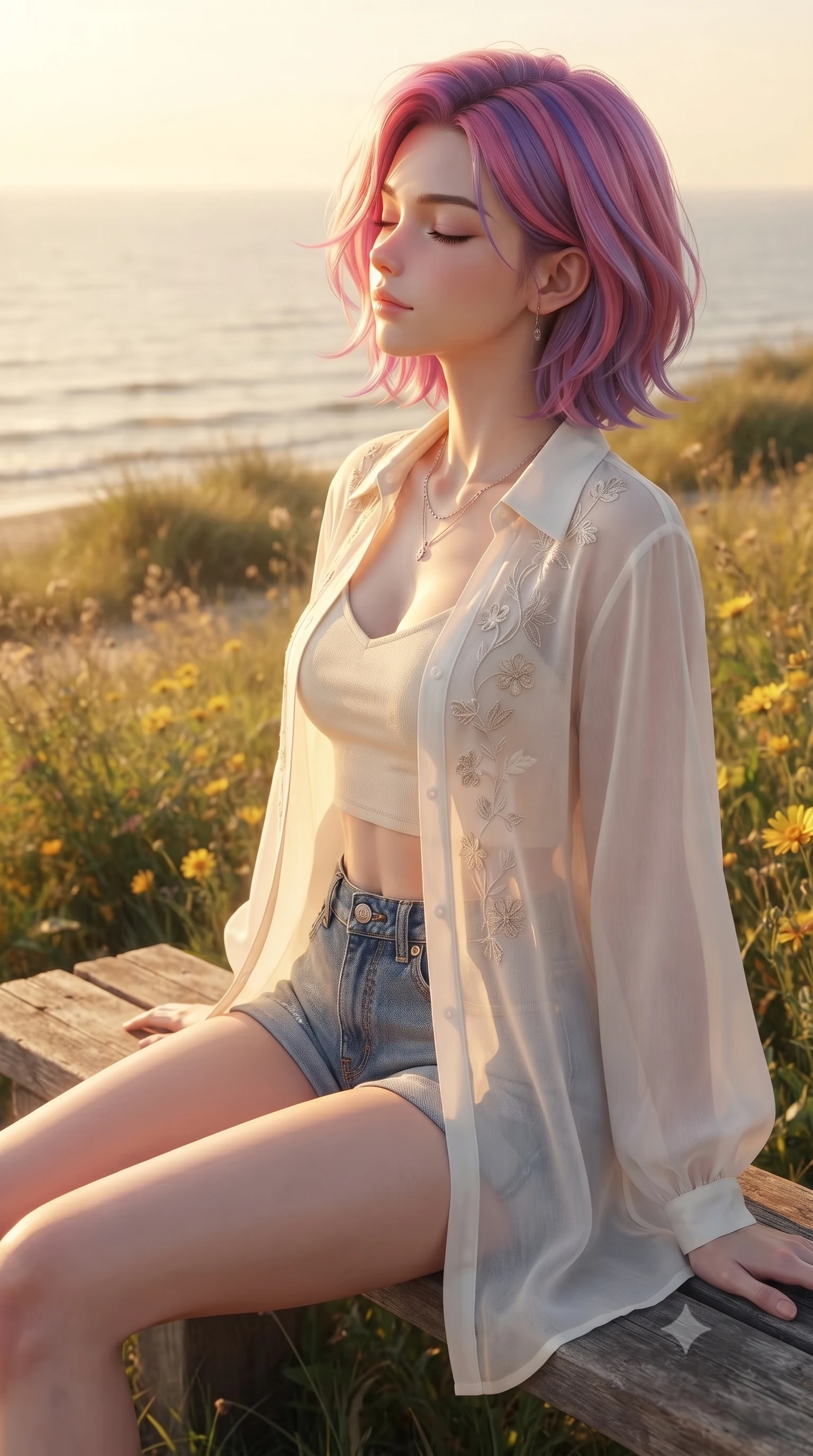 score_9, masterpiece, best quality, ultra-detailed, high-budget anime keyframe, editorial fashion photography, tasteful artistic composition, Caucasian woman woman. close-up cowboy shot from the waist and thighs up, the character dominates the composition, filling the frame with her large presence, background elements kept in soft focus. turning her face in profile to catch the warm sunlight on her cheek, eyes softly closed the background shows a soft-focus a grassy dune on the beach with wild yellow flowers overlooking a quiet sea. She has an exceptionally elegant, slender, and willowy female figure with an ultra-slim waist, a gracefully sculpted slender torso, and a refined silhouette. sharp v-shaped jawline, high-bridge nose, intricate jewel-like eyes with depth, thick eyelashes, glossy lips with a natural sheen. wearing a tailored lightweight chiffon cover-up shirt worn open over a crop top and high-cut shorts. warm golden afternoon sunlight bathing the landscape in a soft glow. ultra-reflective glossy finish, specular highlights, metallic sheen, high-contrast stereoscopic depth, volumetric dynamic lighting, 2k, ultra detail, master piece, 9:16 ratio