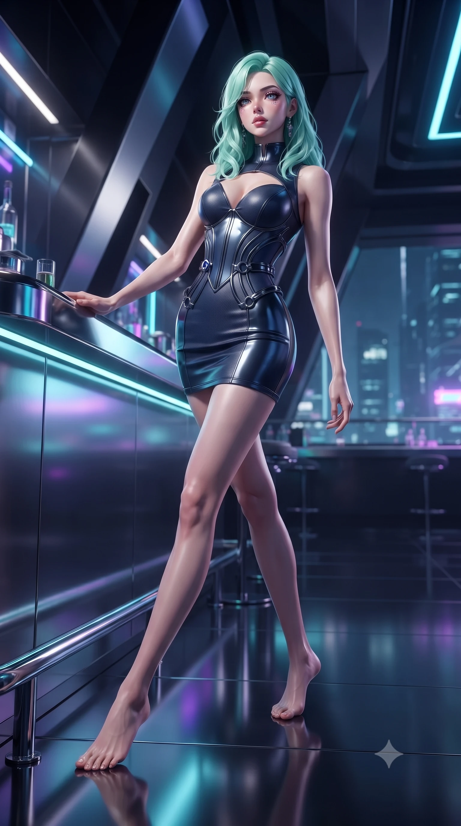 score_9, masterpiece, best quality, ultra-detailed, high-budget anime keyframe, editorial fashion photography, tasteful artistic composition, Japanese woman. low angle full-body shot from head to toe showing her feet, filling the entire 9:16 vertical frame with her statuesque presence, stretching her vertical silhouette. stepping gracefully through the luxurious environment, stretching her statuesque silhouette, resting against a polished chrome bar counter reflecting neon neon reflections, glove-like fit liquid vinyl dress highlighting her ultra-slim waist. She has an absolutely perfect, statuesque 8.5-heads proportion, an exceptionally tall and slender model-like female figure with impossibly long slender legs and an ultra-slim waist. sharp v-shaped jawline, high-bridge nose, intricate jewel-like eyes with depth, thick eyelashes, glossy lips with a natural sheen. wearing architectural cut-out dark leather mini dress with sculpted metallic boning in midnight navy blue, made of matte carbon-fiber weave, trimmed with dark chrome ring hardware along the waist contours, following her slender form with tailored precision. lit by piercing key rays emerging from deep futuristic shadows. ultra-reflective glossy finish, specular highlights, metallic sheen, high-contrast stereoscopic depth, volumetric dynamic lighting, 2k, ultra detail, master piece, 9:16 ratio