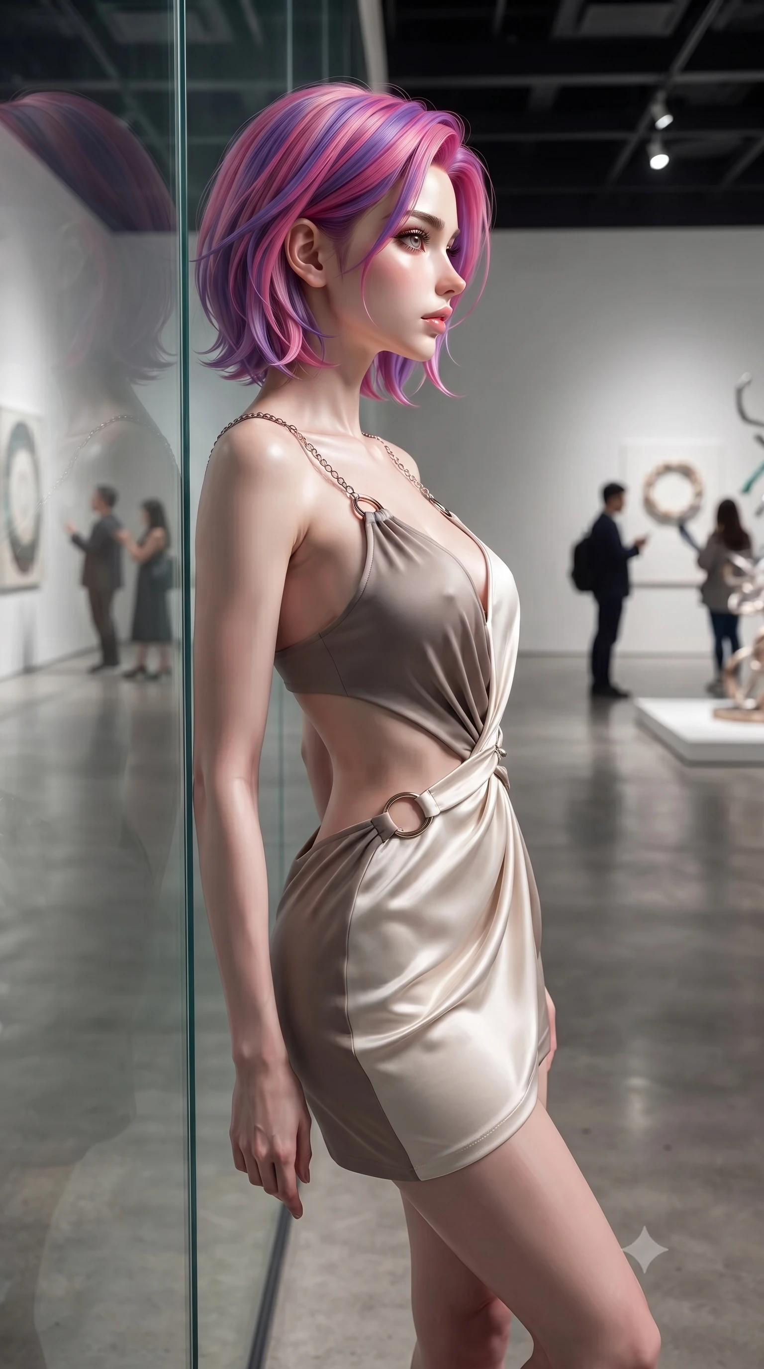 score_9, masterpiece, best quality, ultra-detailed, high-budget anime keyframe, editorial fashion photography, tasteful artistic composition, Caucasian woman. close-up cowboy shot from the waist and thighs up, the character dominates the composition, filling the frame with her large presence, background elements kept in soft focus. Turning her face in sharp dramatic profile against the bright light, showcasing her sharp v-shaped jawline resting against a glass partition inside a sleek contemporary exhibition hall, sleek glass and polished concrete surfaces highlighting her statuesque form. She has an exceptionally elegant, slender, and willowy female figure with an ultra-slim waist, a gracefully sculpted slender torso, and a refined silhouette. sharp v-shaped jawline, high-bridge nose, intricate jewel-like eyes with depth, thick eyelashes, glossy lips with a natural sheen. wearing a dramatic open-waist cutout mini dress framed by sculptural hardware in muted taupe and soft ivory, crafted from lustrous satin jersey with fluid draping, adorned with delicate metallic chain straps along the neckline, the sleek second-skin texture accentuating her magnetic presence. surrounded by a sophisticated, high-fashion gallery illumination. highly saturated vibrant anime colors, detailed shading with soft gradients, rich glossy textures, high-contrast stereoscopic depth, volumetric dynamic lighting, master piece, 9:16 ratio