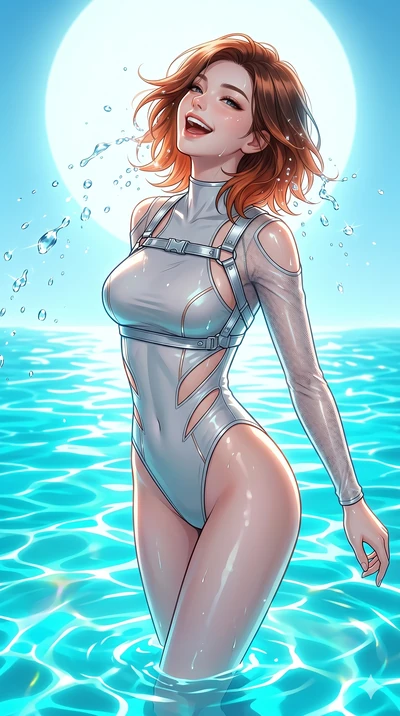 score_9, masterpiece, best quality, ultra-detailed, high-budget anime keyframe, Korean woman. Upper body close-up from the thighs up, character filling the screen for maximum presence. She is emerging from a virtual holographic ocean under a giant ar