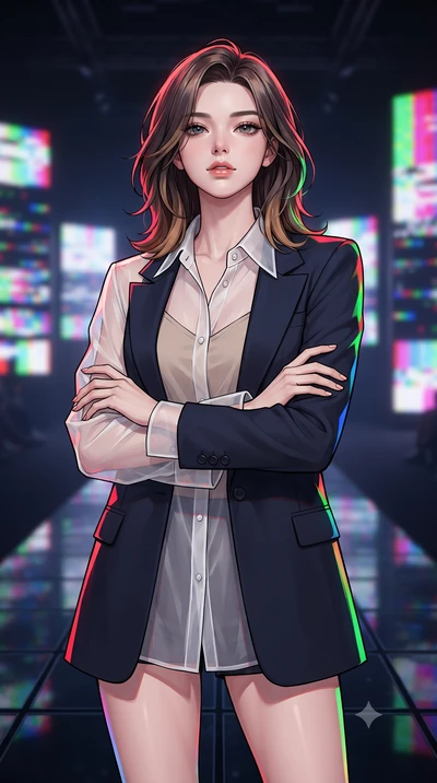 score_9, masterpiece, best quality, ultra-detailed, high-budget anime keyframe, gorgeous anime illustration, with clean line-art and distinct ink outlines, Korean woman. close-up cowboy shot from the waist and thighs up, the character dominates the c