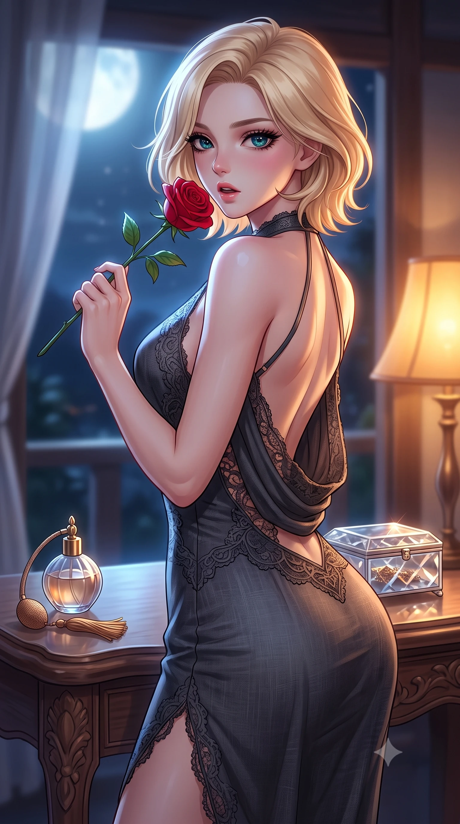 score_9, masterpiece, best quality, ultra-detailed, high-budget anime keyframe, editorial fashion photography, tasteful artistic composition, Caucasian woman. close-up cowboy shot from the waist and thighs up, the character dominates the composition, filling the frame with her large presence, background elements kept in soft focus. gasping softly with a charming expression, holding a rose stem near her cheek with a magnetic stare set against a soft-focus background of inside an exclusive private spa pavilion with a vintage perfume atomizer and crystal jewelry box reflecting soft light. She has an exceptionally elegant, slender, and willowy female figure with an ultra-slim waist, a gracefully sculpted slender torso, and a refined silhouette. sharp v-shaped jawline, high-bridge nose, intricate jewel-like eyes with depth, thick eyelashes, glossy lips with a natural sheen. wearing tailored charcoal delicate lace backless linen halter dress featuring delicate straps and a draped open-back design featuring refined tailored seams. illuminated by soft silver moonlight contrasting with the warm amber glow of a nearby lamp. highly saturated vibrant anime colors, detailed shading with soft gradients, rich glossy textures, high-contrast stereoscopic depth, volumetric dynamic lighting, master piece, 9:16 ratio