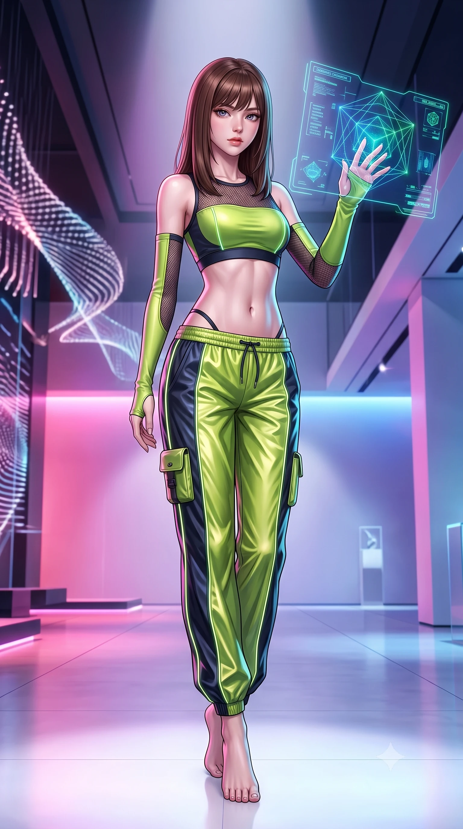 score_9, masterpiece, best quality, ultra-detailed, high-budget anime keyframe, semi-realistic 3D game render, editorial fashion photography, tasteful artistic composition, Korean woman. low angle full-body shot from head to toe showing her feet, filling the entire 9:16 vertical frame with her statuesque presence, stretching her vertical silhouette. landing lightly on the balls of her feet in a balanced kinetic stance, eyes locked onto the camera with fearless allure while reaching out one manicured hand to interact with a floating holographic geometry display with an intrigued expression. The surrounding environment is rendered in vivid detail and crisp panoramic clarity. ultra-modern minimalist gallery chiaroscuro and precision-engineered light art aesthetics in sharp focus. She has an absolutely perfect, statuesque 8.5-heads proportion, an exceptionally tall and slender model-like female figure with impossibly long slender legs, a toned flat midriff, and an ultra-slim waist. sharp v-shaped jawline, high-bridge nose, intricate jewel-like eyes with depth, thick eyelashes, glossy lips with a natural sheen, captivating and magnetic expression, flawlessly proportioned anatomical accuracy, strict slender model proportions, natural body alignment, perfectly sculpted long slender limbs, ultra-slim waistline, clean dynamic posture without body distortion. wearing a sporty Y2K mesh-paneled crop top with asymmetrical sleeve warmers and low-slung metallic track pants in acid lime green and dark obsidian, made of breathable technical athletic mesh and liquid-finish track nylon, finished with glowing fiber-optic seam piping and miniature utility pouches edition #31, the precision-cut daring openings accentuating her delicate midriff, graceful bare collarbones, and ultra-slim feminine waistline. bathed in dynamic color-shifting LED ambient illumination and pure white spotlight fill. highly saturated vibrant anime colors, detailed shading with soft gradients, rich glossy textures, high-contrast stereoscopic depth, volumetric dynamic lighting, master piece, 9:16 ratio