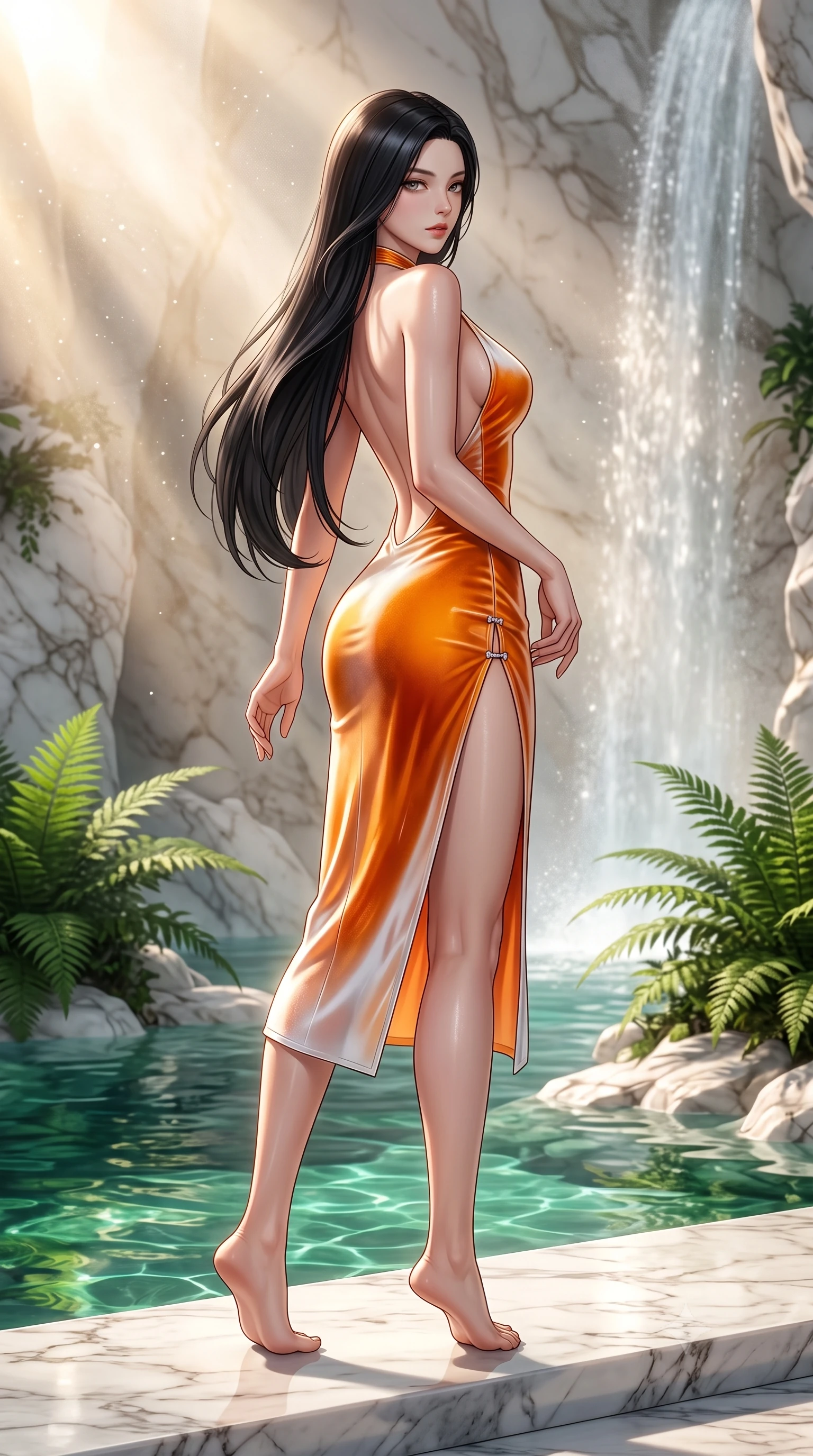 score_9, masterpiece, best quality, ultra-detailed, high-budget anime keyframe, semi-realistic 3D game render, editorial fashion photography, tasteful artistic composition, Korean woman. low angle full-body shot from head to toe showing her feet, filling the entire 9:16 vertical frame with her statuesque presence, stretching her vertical silhouette. pivoting dynamically in mid-motion with a breathtakingly alluring posture, displaying her flawless model proportions and ultra-slim waist while arching her back in a fluid motion as warm morning sunlight scatters through fine waterfall mist. The surrounding environment is rendered in vivid detail and crisp panoramic clarity. intricate white marble stone veins, crystal-clear emerald water pools, and lush tropical ferns in deep focus. She has an absolutely perfect, statuesque 8.5-heads proportion, an exceptionally tall and slender model-like female figure with impossibly long slender legs, a toned flat midriff, and an ultra-slim waist. sharp v-shaped jawline, high-bridge nose, intricate jewel-like eyes with depth, thick eyelashes, glossy lips with a natural sheen, flawlessly proportioned anatomical accuracy, strict slender model proportions, natural body alignment, perfectly sculpted long slender limbs, ultra-slim waistline, clean dynamic posture without body distortion. wearing a velvet halter-neck midi dress fitting her statuesque contour flawlessly with a Tasteful chest slit and open spine in vivid sunset amber orange and cloud white, tailored from semi-translucent cybernetic vinyl with glowing micro-filaments, finished with an ultra-high side slit secured by miniature magnetic clasps, the precision-cut daring openings accentuating her delicate midriff, graceful bare collarbones, and ultra-slim feminine waistline. surrounded by a pristine, refreshing, and intensely seductive natural sanctuary atmosphere. highly saturated vibrant anime colors, detailed shading with soft gradients, rich glossy textures, high-contrast stereoscopic depth, volumetric dynamic lighting, master piece, 9:16 ratio