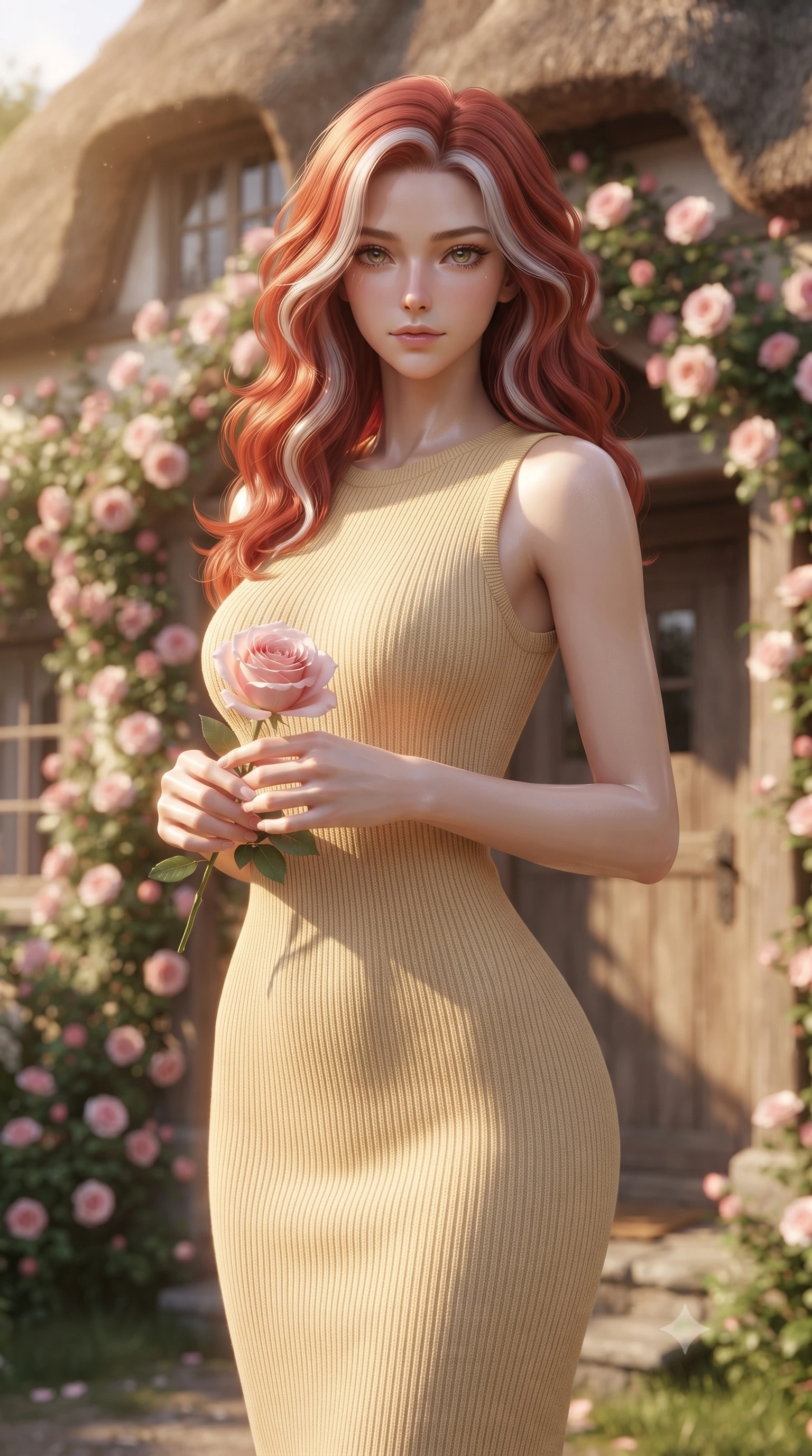 score_9, masterpiece, best quality, ultra-detailed, high-budget anime keyframe, editorial fashion photography, tasteful artistic composition, Caucasian woman woman. close-up cowboy shot from the waist and thighs up, the character dominates the composition, filling the frame with her large presence, background elements kept in soft focus. gazing directly at the viewer with a calm and welcoming expression, holding a fresh flower the background shows a soft-focus the front porch of a charming thatched-roof cottage covered in climbing pink roses. She has an exceptionally elegant, slender, and willowy female figure with an ultra-slim waist, a gracefully sculpted slender torso, and a refined silhouette. sharp v-shaped jawline, high-bridge nose, intricate jewel-like eyes with depth, thick eyelashes, glossy lips with a natural sheen. wearing a tailored form-fitting sleeveless rib-knit midi dress in sand yellow, tracing her slender waist and silhouette. warm morning sunbeams highlighting the rustic wooden door and flowers. ultra-reflective glossy finish, specular highlights, metallic sheen, high-contrast stereoscopic depth, volumetric dynamic lighting, 2k, ultra detail, master piece, 9:16 ratio