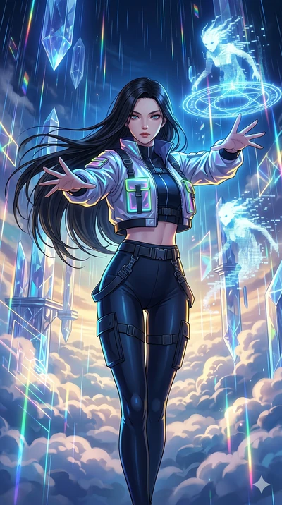 score_9, masterpiece, best quality, ultra-detailed, high-budget anime movie keyframe, cinematic anime lighting, intricate line art, Japanese woman. Upper body filling screen focusing on her alluring features and slim-fit silhouette. summoning mystica