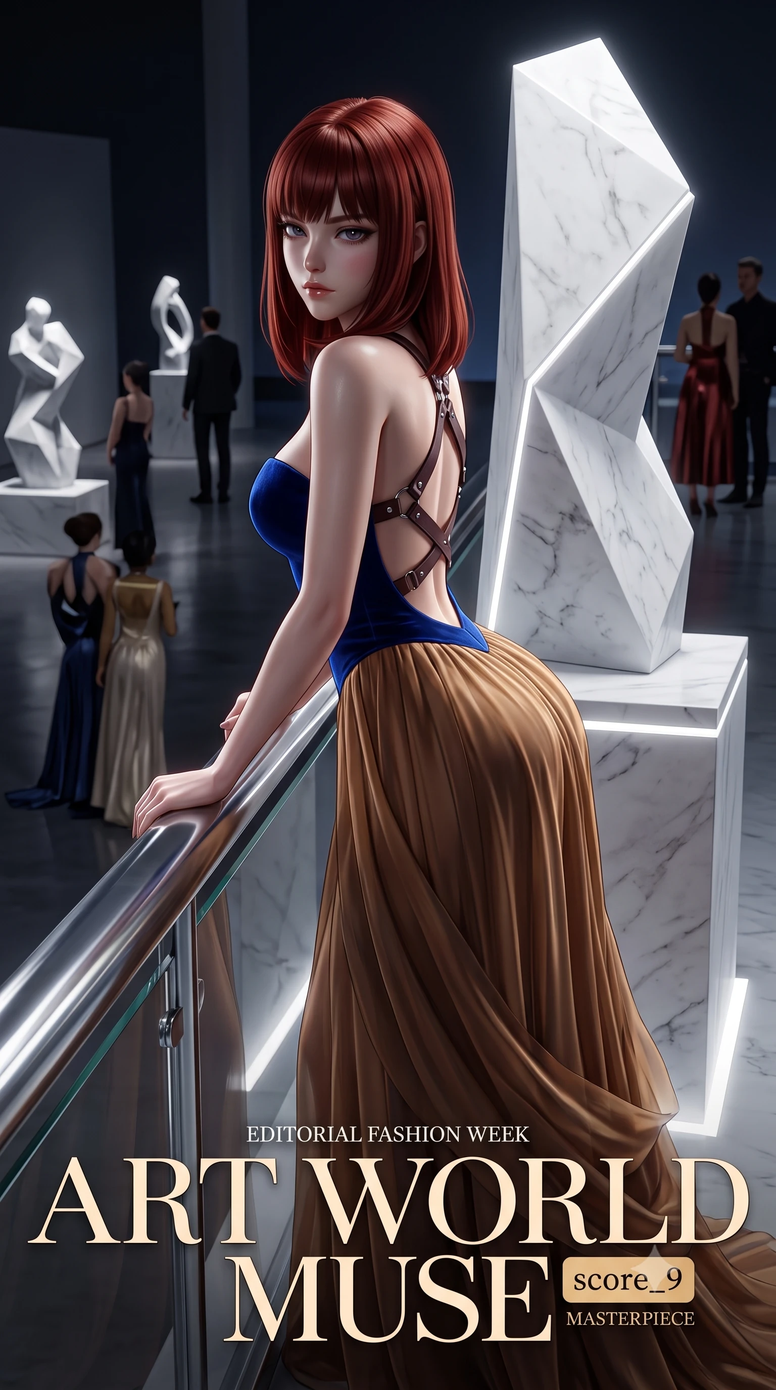 score_9, masterpiece, best quality, ultra-detailed, high-budget anime keyframe, semi-realistic 3D game render, editorial fashion photography, tasteful artistic composition, Caucasian woman. close-up cowboy shot from the waist and thighs up, the character dominates the composition, filling the frame with her large presence. leaning forward against the polished railing with her hips cocked back, creating an intoxicating curve from her narrow waist to sculpted hips as she gazes back into the lens while leaning back against the pedestal of a minimalist marble sculpture with hips cocked, casting a cool, intellectual, and smoldering gaze at the camera. The surrounding environment is rendered in vivid detail and crisp panoramic clarity. high-contrast minimalist museum chiaroscuro and avant-garde contemporary high-fashion aesthetics in precision. She has an exceptionally elegant, slender, and willowy female figure with an ultra-slim waist, flat toned midriff, narrow ribcage, and sculpted feminine hips creating an alluring, slim hourglass silhouette without bulk. sharp v-shaped jawline, high-bridge nose, intricate jewel-like eyes with depth, thick eyelashes, glossy parted lips with a natural sheen, intensely captivating and seductive bedroom-eyes expression, flawlessly proportioned anatomical accuracy, strict slender model proportions, natural body alignment, perfectly sculpted long slender limbs, ultra-slim waistline, clean dynamic posture without body distortion. wearing a deep sweetheart neckline crushed velvet corseted ballgown with an exposed midriff cutout in royal sapphire blue and liquid bronze, woven from layered gossamer chiffon with a weightless sweeping drape, featuring an open-back criss-cross harness strap in dark leather, the form-contouring material adhering flawlessly to her sculpted flat midriff and slender torso, emphasizing her long leg lines and perfectly proportioned willowy build. surrounded by a sophisticated, avant-garde, and dangerously seductive art-world muse aura. highly saturated vibrant anime colors, detailed shading with soft gradients, rich glossy textures, high-contrast stereoscopic depth, volumetric dynamic lighting, master piece, 9:16 ratio