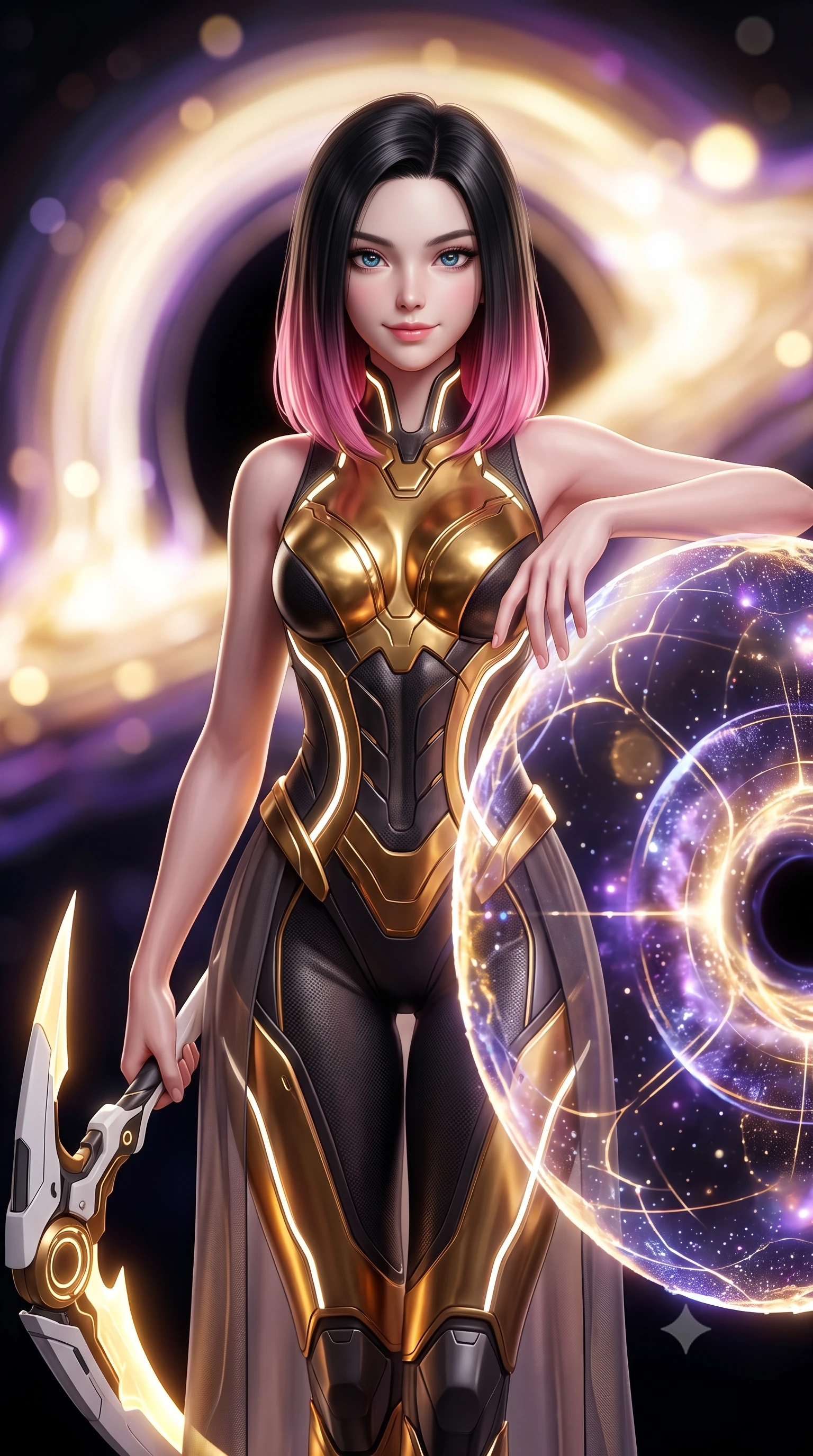 score_9, masterpiece, best quality, ultra-detailed, high-budget anime keyframe, semi-realistic 3D game render, editorial fashion photography, tasteful artistic composition, Korean woman. close-up cowboy shot from the waist and thighs up, the character dominates the composition, filling the frame with her large presence. gazing forward with divine sovereign poise, captivating jewel-like eyes shining with transcendent focus while holding her weapon with effortless mastery while resting one hand on the edge of a floating energy shield with an omnipotent, sovereign smile looking into the camera lens. The composition keeps background elements in soft focus with creamy bokeh. swirling black hole singularity core and glowing accretion disk blurred into dazzling gold, violet, and pitch-black bokeh. She has an exceptionally elegant, slender, and willowy female figure with an ultra-slim waist, a gracefully sculpted slender torso, toned flat midriff, and a refined slim silhouette. sharp v-shaped jawline, high-bridge nose, intricate jewel-like eyes with depth, thick eyelashes, glossy lips with a natural sheen, flawlessly proportioned anatomical accuracy, strict slender model proportions, natural body alignment, perfectly sculpted long slender limbs, ultra-slim waistline, clean dynamic posture without body distortion. wearing a sculpted molten-gold and dark carbon cuirass paired with high-mobility combat leggings and sheer side drapes, wielding a glowing plasma energy scythe with fluid grace in arctic white carbon composite with radiant solar gold plating, tailored from flexible second-skin carbon-mesh that clings flawlessly to her athletic curves, accented with glowing fiber-optic conduits tracing her collarbones and hip curves, the liquid-tight tailored fabric emphasizing every curve of her tall, slender model proportions and sculptured silhouette during dynamic movement. surrounded by an awe-inspiring, supreme, and radiantly transcendent cosmic guardian goddess aura. rich saturated anime colors with glowing neon highlights, detailed shading with soft gradients, rich glossy textures, high-contrast stereoscopic depth, volumetric dynamic lighting, master piece, 9:16 ratio