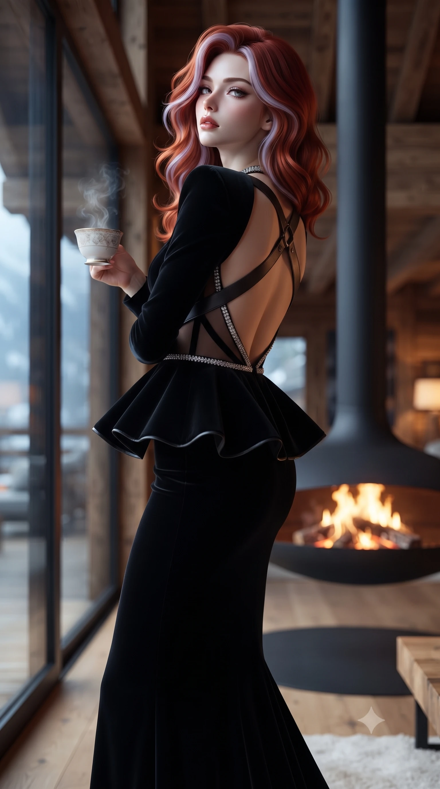 score_9, masterpiece, best quality, ultra-detailed, high-budget anime keyframe, editorial fashion photography, tasteful artistic composition, Caucasian woman. close-up cowboy shot from the waist and thighs up, the character dominates the composition, filling the frame with her large presence. tilting her chin up with proud, sovereign allure while gazing through thick eyelashes, one hand resting on her waist in pure supermodel charisma while leaning against the floor-to-ceiling glass wall with hips cocked, holding a steaming cup while casting smoldering bedroom-eyes. The composition keeps background elements in soft focus with creamy bokeh. suspended modern fireplace flames and warm timber interiors softened in cozy shallow depth of field. She has an exceptionally elegant, slender, and willowy female figure with an ultra-slim waist, flat toned midriff, narrow ribcage, and sculpted feminine hips creating an alluring, slim hourglass silhouette without bulk. sharp v-shaped jawline, high-bridge nose, intricate jewel-like eyes with depth, thick eyelashes, glossy parted lips with a natural sheen, intensely captivating and seductive bedroom-eyes expression, flawlessly proportioned anatomical accuracy, strict slender model proportions, natural body alignment, perfectly sculpted long slender limbs, ultra-slim waistline, clean dynamic posture without body distortion. wearing a structural geometric peplum gown with sheer side-ribbon cutouts and form-fitting skirt in pitch-black velvet with diamond crystal trim, tailored from water-resistant treated wool gabardine and flexible stretch silk, featuring an open-back criss-cross harness strap in dark leather, the dramatically scooped open back descending to the base of her spine, accentuating her razor-sharp statuesque lines and slim hourglass silhouette. bathed in crisp alpine blue daylight ambient fill and warm roaring suspended fire pit uplights. ultra-reflective glossy finish, specular highlights, rich textural contrasts, high-contrast stereoscopic depth, volumetric dynamic lighting, 2k, ultra detail, master piece, 9:16 ratio