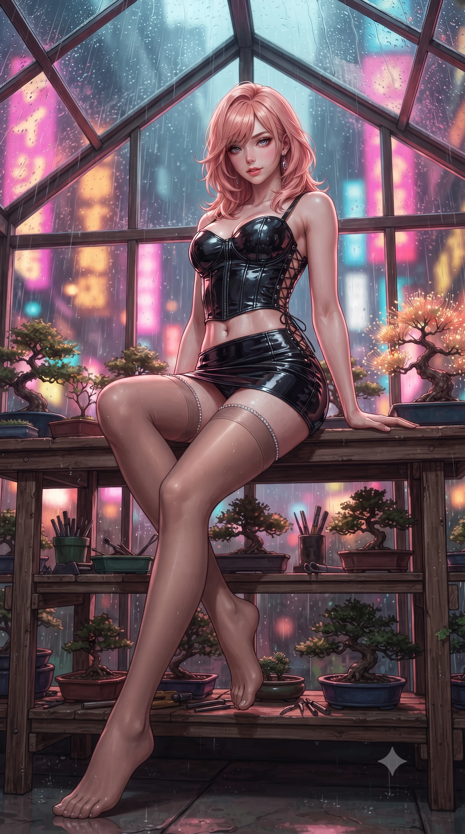 score_9, masterpiece, best quality, ultra-detailed, high-budget anime keyframe, editorial fashion photography, tasteful artistic composition, Japanese woman. low angle full-body shot from head to toe showing her feet, filling the entire 9:16 vertical frame with her statuesque presence, stretching her vertical silhouette. lounging on the lavish daybed with legs crossed and hips angled toward the camera, displaying her toned midriff and long slender limbs with effortless siren poise while sitting perched on the rustic wooden potting shelf with legs crossed, resting one hand on the bonsai pot with seductive bedroom-eyes. The background shows a soft-focus heavy cascading rain on pitched greenhouse glass, towering Shinjuku neon signs, and glowing fiber-optic bonsai needles blurred into magenta, amber, and cyan bokeh. She has an absolutely perfect, statuesque 8.5-heads proportion, an exceptionally tall and slender model-like female figure with impossibly long slender legs, an ultra-slim waist, a flat toned midriff, narrow delicate ribcage, and beautifully sculpted feminine hips creating a graceful, slim hourglass silhouette without any bulky heaviness. sharp v-shaped jawline, high-bridge nose, sparkling eyes with hypnotic seductive depth, thick curled eyelashes, glossy parted lips with a natural dewy peach sheen, alluring bedroom-eyes with an enchanting coquettish smile, exuding magnetic siren charisma and sophisticated glamour, flawlessly proportioned anatomical accuracy, strict slender model proportions, natural body alignment, perfectly sculpted long slender limbs, ultra-slim waistline, clean dynamic posture without body distortion. wearing a structured boned leatherette corset bodice paired with an ultra-short micro-wrap mini skirt and sheer thigh-high stockings in sheer dusky champagne and glistening crystal trims, crafted from wet-look high-gloss vinyl fabric with dazzling specular surface reflections, featuring fine criss-cross lace-up side ties revealing tantalizing glimpses of her hip curve, the form-contouring silhouette accentuating her sculpted flat midriff, narrow delicate ribcage, and gracefully curvy hips with intoxicating allure. bathed in dynamic shifting multi-color neon light transmitted through rain-streaked exterior glass. ultra-reflective glossy finish, specular highlights, rich textural contrasts, high-contrast stereoscopic depth, volumetric dynamic lighting, 2k, ultra detail, master piece, 9:16 ratio
