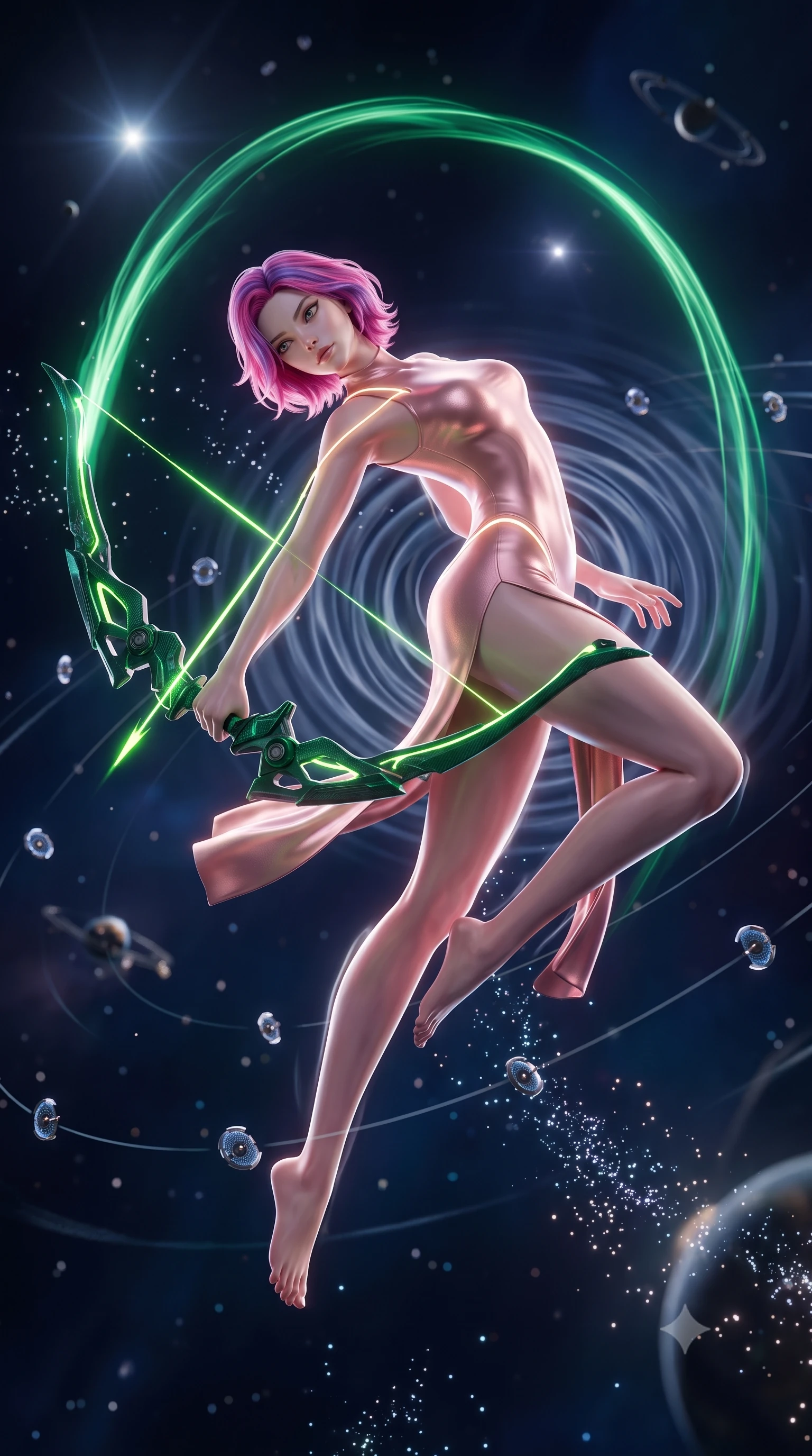 score_9, masterpiece, best quality, ultra-detailed, high-budget anime keyframe, semi-realistic 3D game render, editorial fashion photography, tasteful artistic composition, Caucasian woman. low angle full-body shot from head to toe showing her feet, filling the entire 9:16 vertical frame with her statuesque presence, stretching her vertical silhouette. arching her back gracefully in mid-air during a dynamic combat vault, her weapon energy trail framing her statuesque presence while drifting gracefully through a field of orbiting micro-shields as gravitational distortion waves ripple around her contour. The composition keeps background elements in soft focus with creamy bokeh. sparkling quantum particle trails scattering celestial radiance across a deep space backdrop. She has an absolutely perfect, statuesque 8.5-heads proportion, an exceptionally tall and slender model-like female figure with impossibly long slender legs, a toned flat midriff, and an ultra-slim waist. sharp v-shaped jawline, high-bridge nose, intricate jewel-like eyes with depth, thick eyelashes, glossy lips with a natural sheen, flawlessly proportioned anatomical accuracy, strict slender model proportions, natural body alignment, perfectly sculpted long slender limbs, ultra-slim waistline, clean dynamic posture without body distortion. wearing a form-fitting luminous rose-gold carbon combat gown with tactical side slits, wielding a floating magnetic energy bow with celestial poise in emerald green carbon composite with glowing lime laser channels, made of liquid carbon-jersey fabric adhering flawlessly to her sculpted silhouette, accented with glowing fiber-optic conduits tracing her collarbones and hip curves, the glove-like aerodynamic second-skin fit tightly clinging to her ultra-slender waist and athletic curves without adding bulk, accentuating her razor-sharp statuesque lines and slim hourglass silhouette. illuminated by intense directional rim lights sharply defining her ultra-slim waist, long legs, and flat midriff. rich saturated anime colors with glowing neon highlights, detailed shading with soft gradients, rich glossy textures, high-contrast stereoscopic depth, volumetric dynamic lighting, master piece, 9:16 ratio