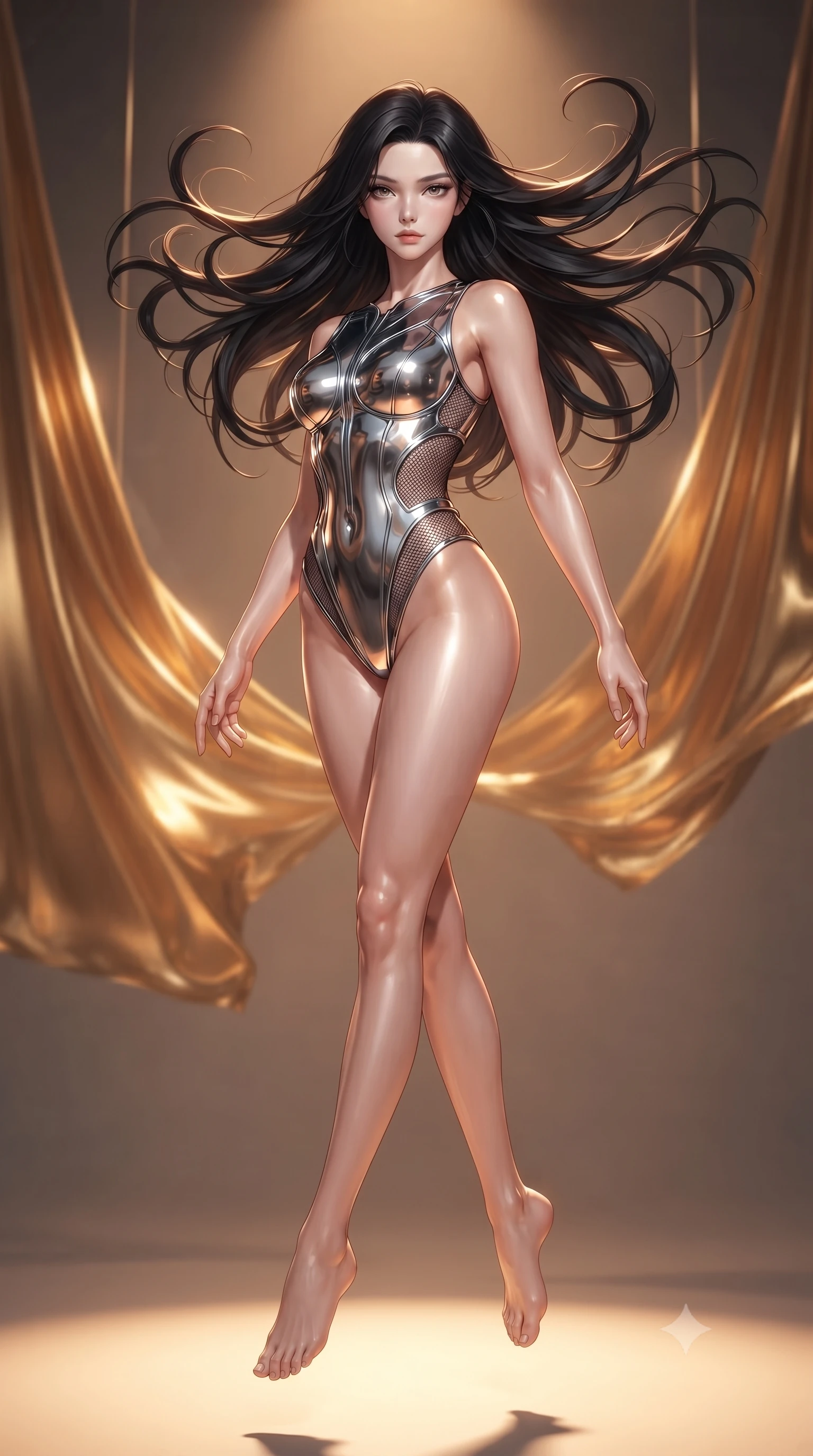 score_9, masterpiece, best quality, ultra-detailed, high-budget anime keyframe, editorial fashion photography, tasteful artistic composition, Korean woman woman. low angle full-body shot from head to toe showing her feet, filling the entire 9:16 vertical frame with her statuesque presence, stretching her vertical silhouette. She has an absolutely perfect, statuesque 8.5-heads proportion, an exceptionally tall and slender model-like female figure with impossibly long slender legs and an ultra-slim waist. leaping inside the glowing space with athletic poise, her hair swirling in a dynamic wind vortex, flawlessly proportioned anatomical accuracy, natural body alignment, perfectly sculpted elegant limbs, clean dynamic posture without body distortion. set against a soft-focus background of an avant-garde art studio with suspended liquid gold drapes. wearing a high-cut chrome-plated structured bodice over fine dark mesh with side waist cutouts. bathed in warm amber spotlighting creating metallic specular highlights on her form. ultra-reflective glossy finish, specular highlights, metallic sheen, high-contrast stereoscopic depth, volumetric dynamic lighting, 2k, ultra detail, master piece, 9:16 ratio