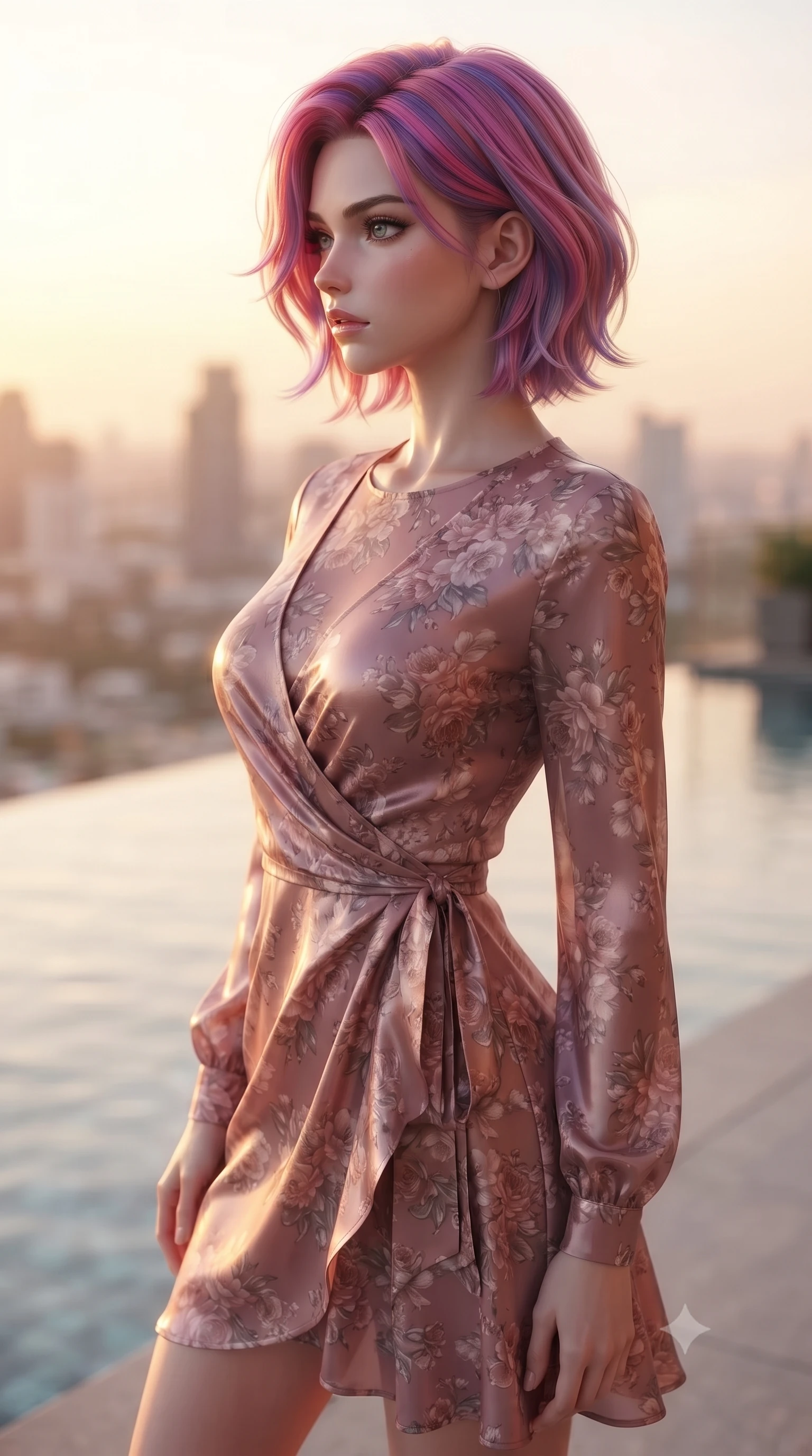 score_9, masterpiece, best quality, ultra-detailed, high-budget anime keyframe, editorial fashion photography, tasteful artistic composition, Caucasian woman. close-up cowboy shot from the waist and thighs up, the character dominates the composition, filling the frame with her large presence, background elements kept in soft focus. turning her face in sharp profile, casting a cold, mysterious, yet intensely alluring side gaze, the background shows a soft-focus an exclusive rooftop infinity pool terrace facing a sunset city skyline. She has an exceptionally elegant, slender, and willowy female figure with an ultra-slim waist, a gracefully sculpted slender torso, and a refined silhouette. sharp v-shaped jawline, high-bridge nose, intricate jewel-like eyes with depth, thick eyelashes, glossy lips with a natural sheen. wearing a form-contouring flowy floral-patterned wrap dress in dusty rose chiffon with long sleeves and a modest crew neck. golden hour sunset glow painting her silhouette in a warm, romantic wash. ultra-reflective glossy finish, specular highlights, metallic sheen, high-contrast stereoscopic depth, volumetric dynamic lighting, 2k, ultra detail, master piece, 9:16 ratio