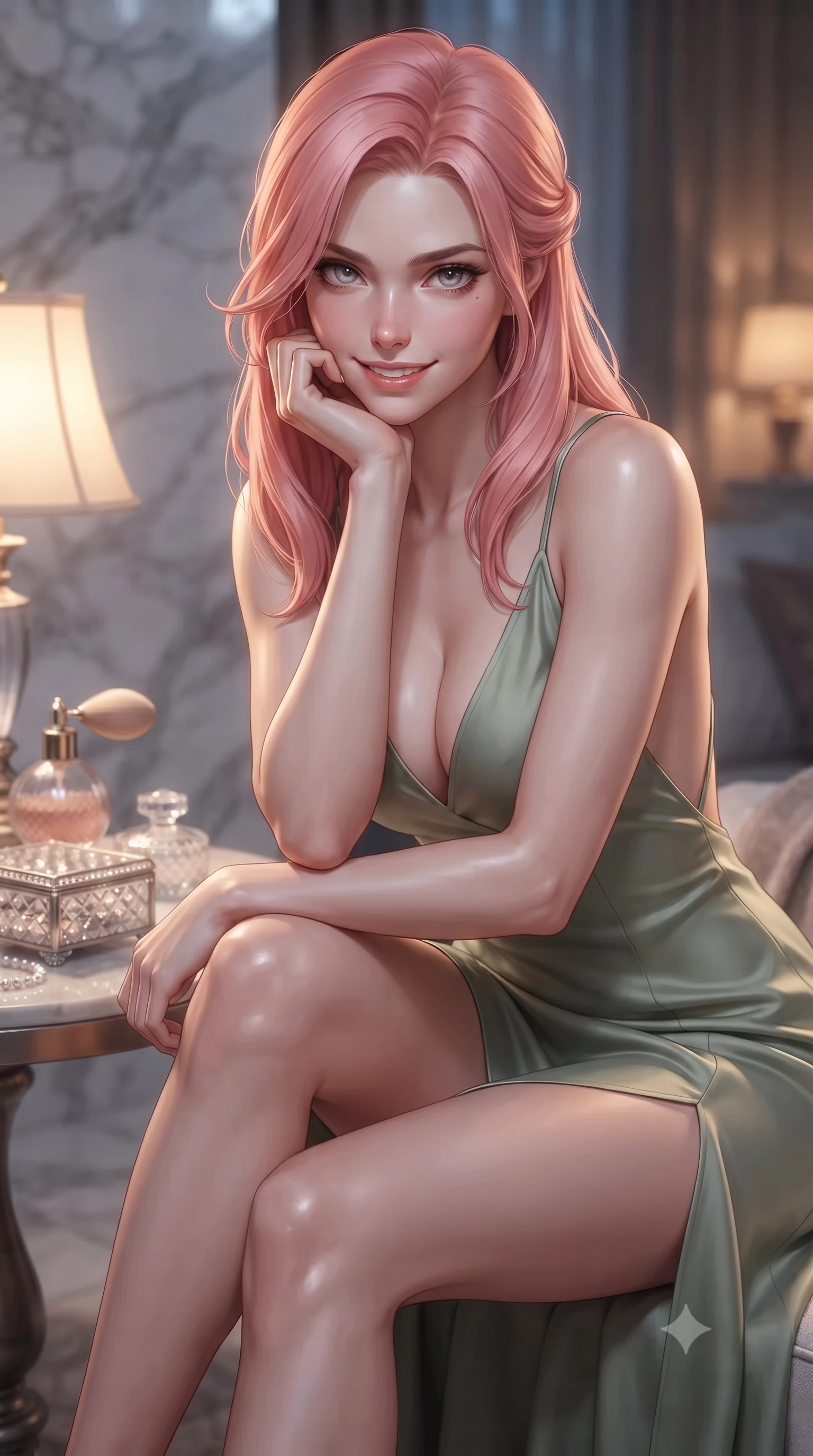 score_9, masterpiece, best quality, ultra-detailed, high-budget anime keyframe, editorial fashion photography, tasteful artistic composition, Japanese woman. close-up cowboy shot from the waist and thighs up, the character dominates the composition, filling the frame with her large presence, background elements kept in soft focus. flashing a sweet yet tantalizing grin, resting her chin on the back of her hand with intense eye contact set against a soft-focus background of inside an exclusive private spa pavilion with a vintage perfume atomizer and crystal jewelry box reflecting soft light. She has an exceptionally elegant, slender, and willowy female figure with an ultra-slim waist, a gracefully sculpted slender torso, and a refined silhouette. sharp v-shaped jawline, high-bridge nose, intricate jewel-like eyes with depth, thick eyelashes, glossy lips with a natural sheen. wearing tailored sage green semi-opaque chiffon open-back silk slip dress featuring a deep V-neckline and a leg-lengthening side slit featuring refined tailored seams. illuminated by soft silver moonlight contrasting with the warm amber glow of a nearby lamp. ultra-reflective glossy finish, specular highlights, metallic sheen, high-contrast stereoscopic depth, volumetric dynamic lighting, 2k, ultra detail, master piece, 9:16 ratio