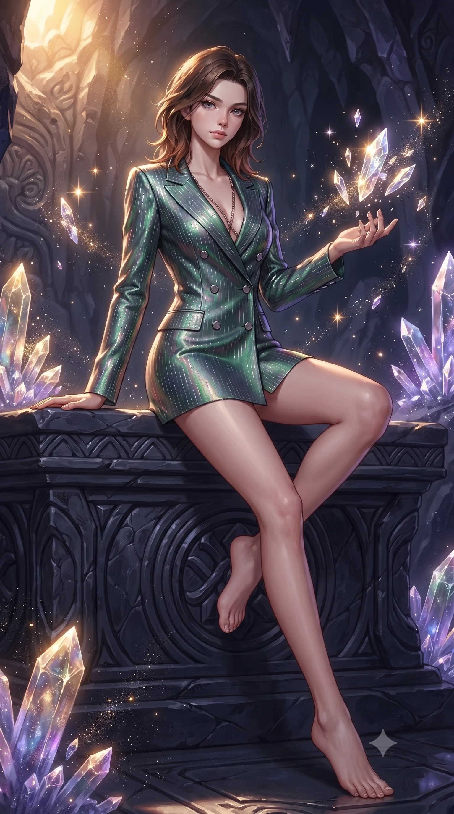 score_9, masterpiece, best quality, ultra-detailed, high-budget anime keyframe, editorial fashion photography, tasteful artistic composition, Korean woman. low angle full-body shot from head to toe showing her feet, filling the entire 9:16 vertical frame with her statuesque presence, stretching her vertical silhouette. interacting gracefully with the magical floating elements while maintaining a confident posture resting on a carved obsidian altar surrounded by radiant crystal shards, glowing mineral dust shimmering like stars in the quiet cavern air. She has an absolutely perfect, statuesque 8.5-heads proportion, an exceptionally tall and slender model-like female figure with impossibly long slender legs and an ultra-slim waist. sharp v-shaped jawline, high-bridge nose, intricate jewel-like eyes with depth, thick eyelashes, glossy lips with a natural sheen. wearing a double-breasted blazer dress with metallic pin-stripes in deep emerald green and silver accent, crafted from iridescent chiffon that shifts colors in the light, adorned with delicate metallic chain straps along the neckline, the tailored fabric tightly following every curve of her athletic build. lit by warm golden sunlight colliding with cool violet crystal illumination. ultra-reflective glossy finish, specular highlights, metallic sheen, high-contrast stereoscopic depth, volumetric dynamic lighting, 2k, ultra detail, master piece, 9:16 ratio