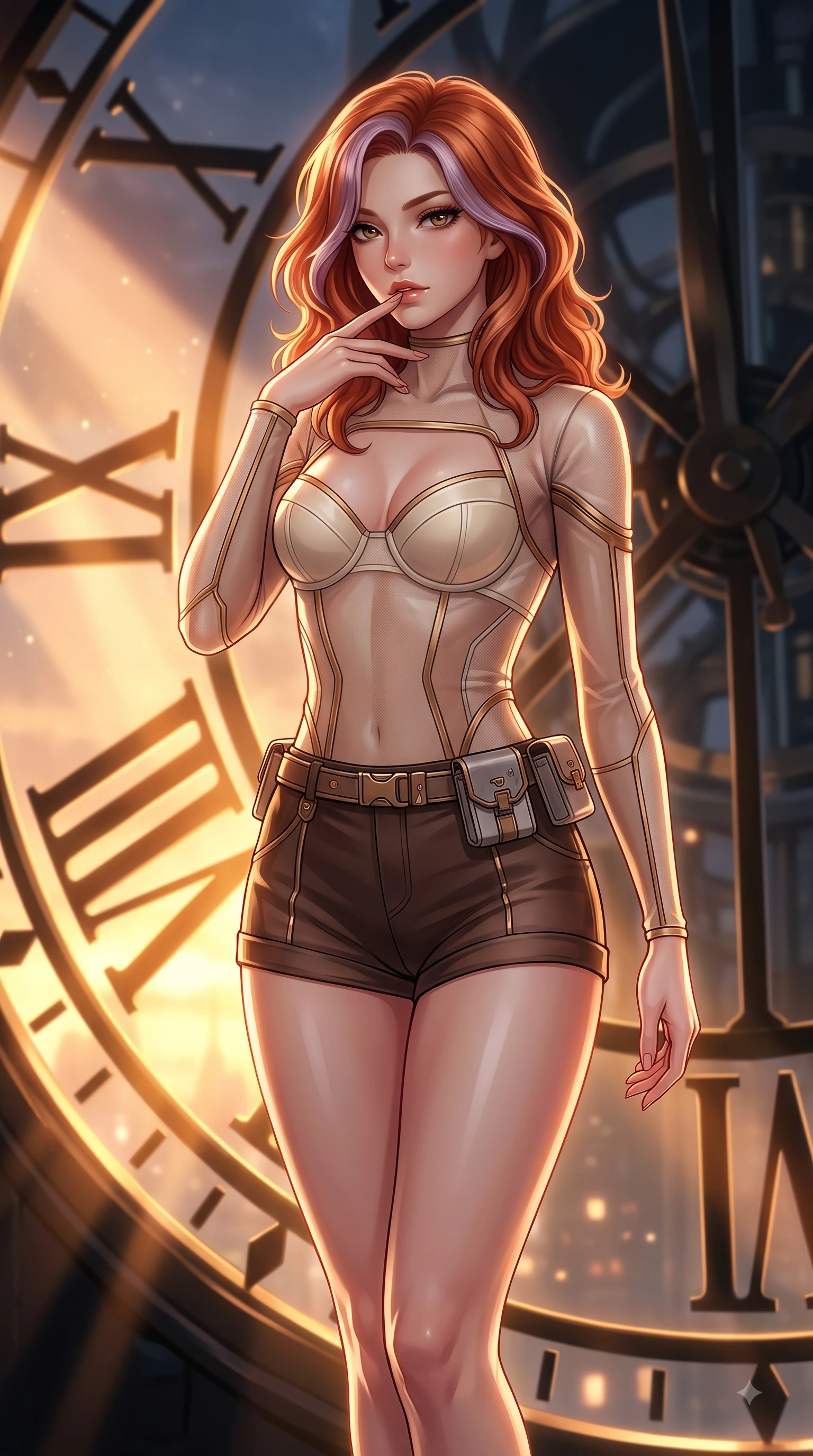 score_9, masterpiece, best quality, ultra-detailed, high-budget anime keyframe, editorial fashion photography, tasteful artistic composition, Caucasian woman. close-up cowboy shot from the waist and thighs up, the character dominates the composition, filling the frame with her large presence, background elements kept in soft focus. Resting two fingers near her glossy lips, casting a sharp mysterious side-gaze during her dynamic motion while standing atop a giant translucent Roman numeral clock dial in a high tower at dusk, dramatic twilight amber light streaming through the giant clock window in bold beams. She has an exceptionally elegant, slender, and willowy female figure with an ultra-slim waist, a gracefully sculpted slender torso, and a refined silhouette. sharp v-shaped jawline, high-bridge nose, intricate jewel-like eyes with depth, thick eyelashes, glossy lips with a natural sheen, flawlessly proportioned anatomical accuracy, natural body alignment, perfectly sculpted elegant limbs, clean dynamic posture without body distortion. wearing a delicate see-through mesh top with structured cup boning and micro-shorts in espresso brown and warm cream, woven from fine semi-opaque sheer organza, accented with a Tasteful chest slit framing her clavicle gracefully, the sleek second-skin texture accentuating her magnetic presence. bathed in warm twilight amber backlighting and rich metallic specular glow. highly saturated vibrant anime colors, detailed shading with soft gradients, rich glossy textures, high-contrast stereoscopic depth, volumetric dynamic lighting, master piece, 9:16 ratio