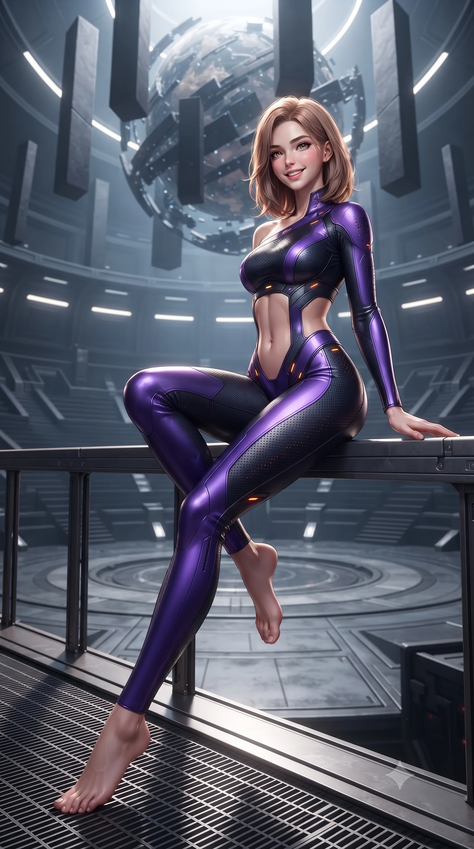score_9, masterpiece, best quality, ultra-detailed, high-budget anime keyframe, editorial fashion photography, tasteful artistic composition, Korean woman. low angle full-body shot from head to toe showing her feet, filling the entire 9:16 vertical frame with her statuesque presence, stretching her vertical silhouette. sitting perched on the elevated maintenance gantry edge with legs crossed and hips angled toward the camera, displaying her toned midriff and long slender limbs with joyful, coquettish charm while standing in the center of the semicircular amphitheater beneath a colossal floating planetary matrix, arching her spine with sovereign authority. The background shows a soft-focus soaring minimalist black stone monoliths and recessed lighting strips softened in prestigious sci-fi senate shallow focus. She has an absolutely perfect, statuesque 8.5-heads proportion, an exceptionally tall and slender model-like female figure with impossibly long slender legs, an ultra-slim waist, a flat toned midriff, narrow delicate ribcage, and beautifully sculpted feminine hips creating a graceful, slim hourglass silhouette without any bulky heaviness. sharp v-shaped jawline, high-bridge nose, intricate jewel-like sparkling eyes with depth, thick eyelashes, glossy parted lips with a natural sheen, bright confident smile with an enchanting and coquettish sensual glint, exuding both youthful magnetic charm and sovereign high-tech allure, flawlessly proportioned anatomical accuracy, strict slender model proportions, natural body alignment, perfectly sculpted long slender limbs, ultra-slim waistline, clean dynamic posture without body distortion. wearing an asymmetric one-shoulder combat catsuit with carbon-weave paneling and an open-waist architecture emphasizing her hips in neon electric violet and deep space obsidian, made of high-grade ballistic nylon with precision laser-cut perforations, accented with subtle hexagonal heat-sink vents glowing with dim orange thermal heat, the aerodynamic second-skin silhouette tightly following the natural contour of her hips and long slender legs with youthful 8.5-heads elegance. illuminated by under-floor uplighting and sharp champagne rim lighting sculpting her razor-sharp jawline, narrow waist, and curvy hips. ultra-reflective glossy finish, specular highlights, rich textural contrasts, high-contrast stereoscopic depth, volumetric dynamic lighting, 2k, ultra detail, master piece, 9:16 ratio