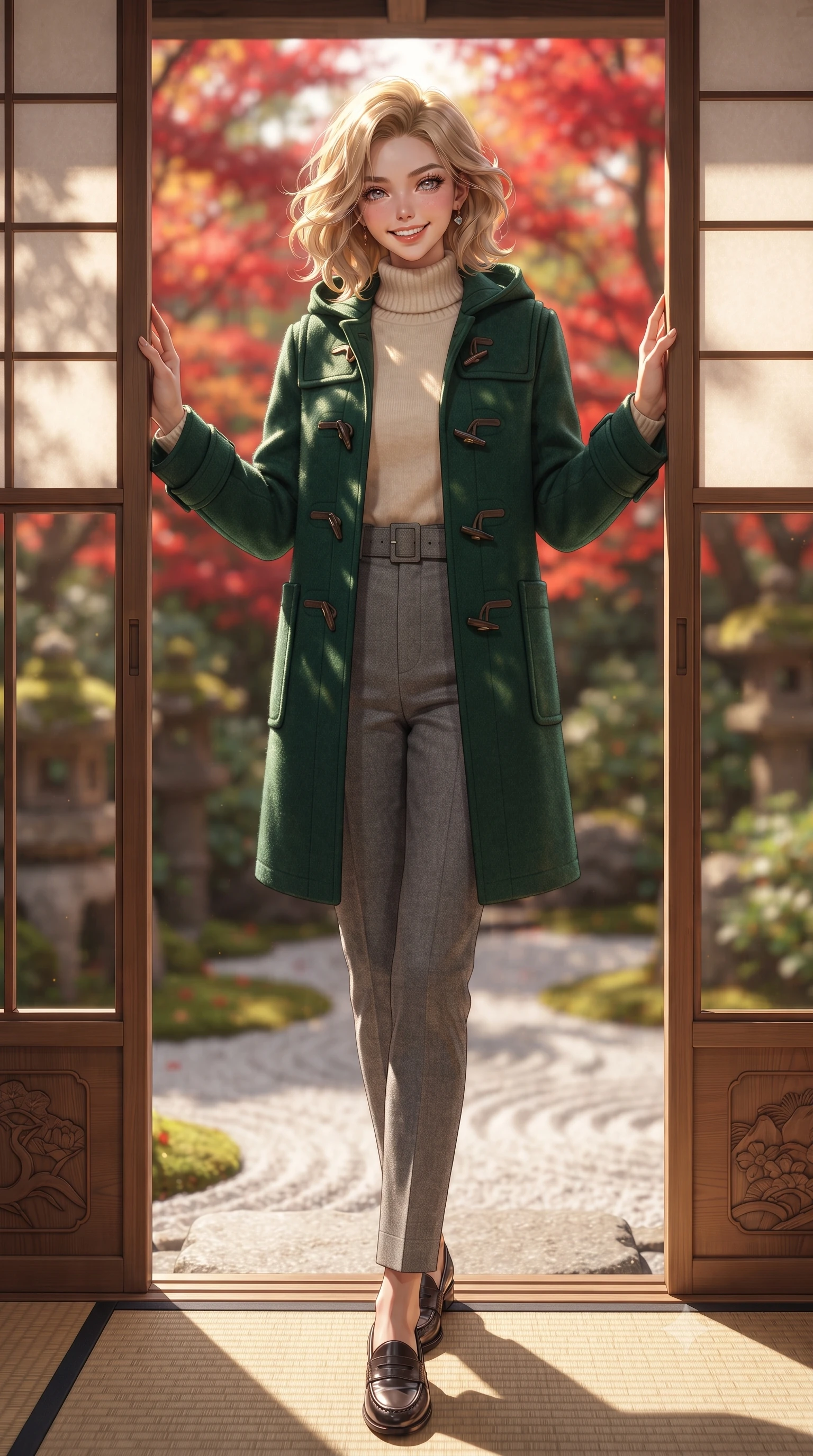score_9, masterpiece, best quality, ultra-detailed, high-budget anime keyframe, editorial fashion photography, tasteful artistic composition, Caucasian woman. low angle full-body shot from head to toe showing her feet, filling the entire 9:16 vertical frame with her statuesque presence, stretching her vertical silhouette. sitting gracefully on the carved stone bench with legs crossed at the ankles, hands resting gently in her lap with noble poise while standing poised at the threshold between tatami salon and autumn garden, one hand touching the sliding shoji screen frame with quiet grace. The background shows a soft-focus vibrant crimson and vermilion Japanese maple leaves, raked white gravel zen patterns, and mossy stone lanterns blurred into scarlet, amber, and moss green bokeh. She has an exceptionally tall and slender model-like 8.5-heads proportion, an ultra-slim waist, a flat toned midriff, narrow delicate ribcage, and beautifully sculpted feminine hips creating a graceful, slim hourglass silhouette without any bulky heaviness, with impossibly long slender legs. sharp v-shaped jawline, high-bridge nose, intricate jewel-like sparkling eyes with depth, thick eyelashes, glossy parted lips with a natural peach sheen, bright cheerful beaming smile with an enchanting and coquettish sensual glint, exuding both youthful cute charm and seductive allure, flawlessly proportioned anatomical accuracy, strict slender model proportions, natural body alignment, perfectly sculpted long slender limbs, ultra-slim waistline, clean dynamic posture without body distortion. wearing a structured boiled-wool duffle coat with horn toggles over a soft alpaca sweater and tailored wool slacks in St. Moritz pine forest emerald and heather grey, tailored from heavyweight double-faced wool with clean architectural edges, finished with fine mother-of-pearl cuff buttons catching the soft ambient light, the structured cinched belt emphasizing her narrow waistline and gracefully balanced proportions with timeless haute-couture polish. bathed in filtered golden autumn sunlight dappled through brilliant red and orange maple foliage. ultra-reflective glossy finish, specular highlights, rich textural contrasts, high-contrast stereoscopic depth, volumetric dynamic lighting, 2k, ultra detail, master piece, 9:16 ratio