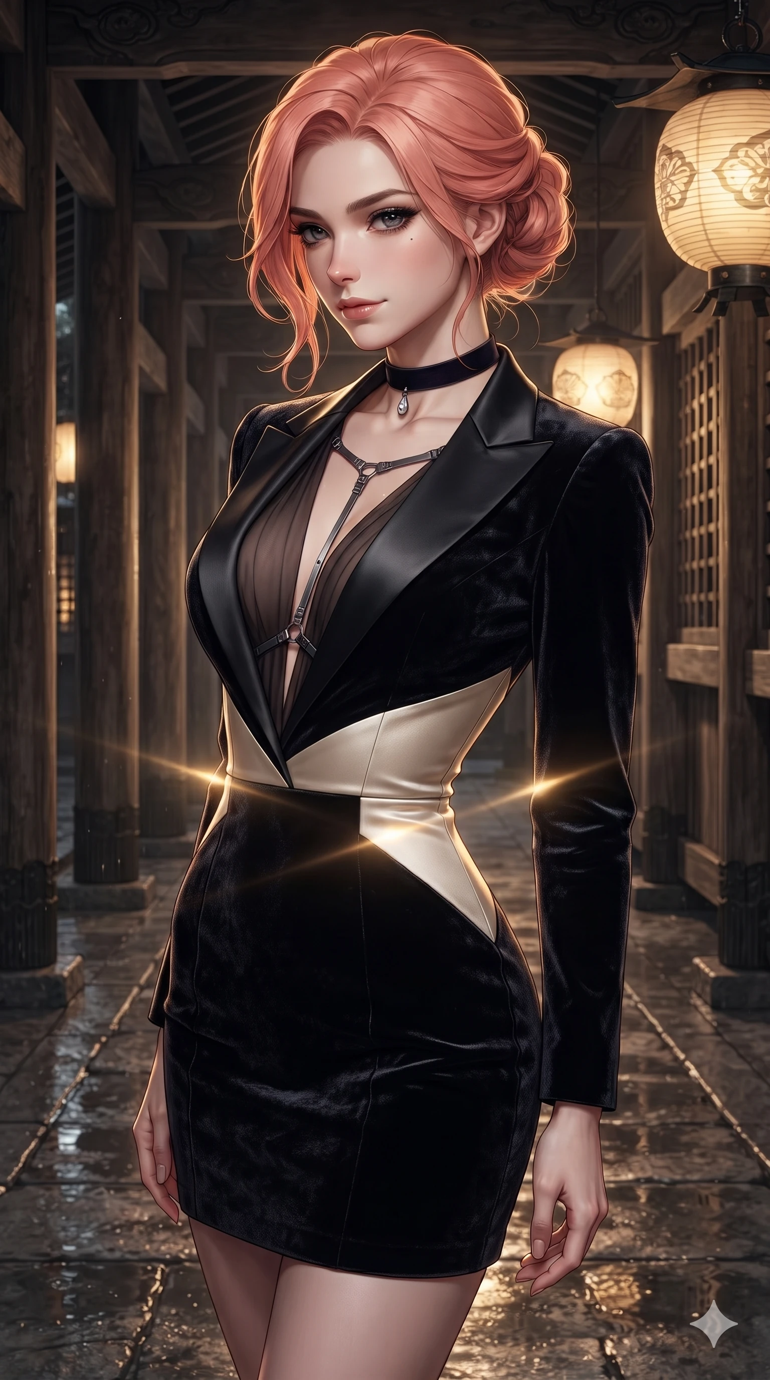 score_9, masterpiece, best quality, ultra-detailed, high-budget anime keyframe, editorial fashion photography, tasteful artistic composition, Japanese woman. close-up cowboy shot from the waist and thighs up, the character dominates the composition, filling the frame with her large presence. glancing sidelong over her shoulder with a smoldering, enigmatic half-smile that commands the frame while twisting her slender torso in an alluring contrapposto stance between repeating dark pillars, golden lantern beams tracing her flat midriff and curvy hips. The surrounding environment is rendered in vivid detail and crisp panoramic clarity: detailed sheer dark chiffon gown drape, gunmetal harness structure, and traditional shrine craftsmanship in razor-sharp precision. She has an exceptionally elegant, slender, and willowy female figure with an ultra-slim waist, flat toned midriff, narrow ribcage, and sculpted feminine hips creating an alluring, slim hourglass silhouette without bulk. sharp v-shaped jawline, high-bridge nose, intricate jewel-like dark sparkling eyes with hypnotic seductive depth, thick curled eyelashes, glossy parted lips with a natural wine sheen, alluring bedroom-eyes with an enigmatic smoldering smile, exuding magnetic sovereign charisma and dark avant-garde glamour, flawlessly proportioned anatomical accuracy, strict slender model proportions, natural body alignment, perfectly sculpted long slender limbs, ultra-slim waistline, clean dynamic posture without body distortion. wearing a tailored onyx black tux dress with silk lapels and fitted waist in celestial champagne ivory and high-gloss jet black, tailored from crushed dark velvet with deep light-absorbing plush texture, finished with a minimalist dark choker and a single teardrop pendant, accentuating her gracefully sculpted slender torso and statuesque proportions. illuminated by wet stone ground bounce and sharp gold-amber rim lights sculpting her razor-sharp jawline, narrow waist, and curvy hips. ultra-reflective glossy finish, specular highlights, metallic sheen, high-contrast stereoscopic depth, volumetric dynamic lighting, 2k, ultra detail, master piece, 9:16 ratio