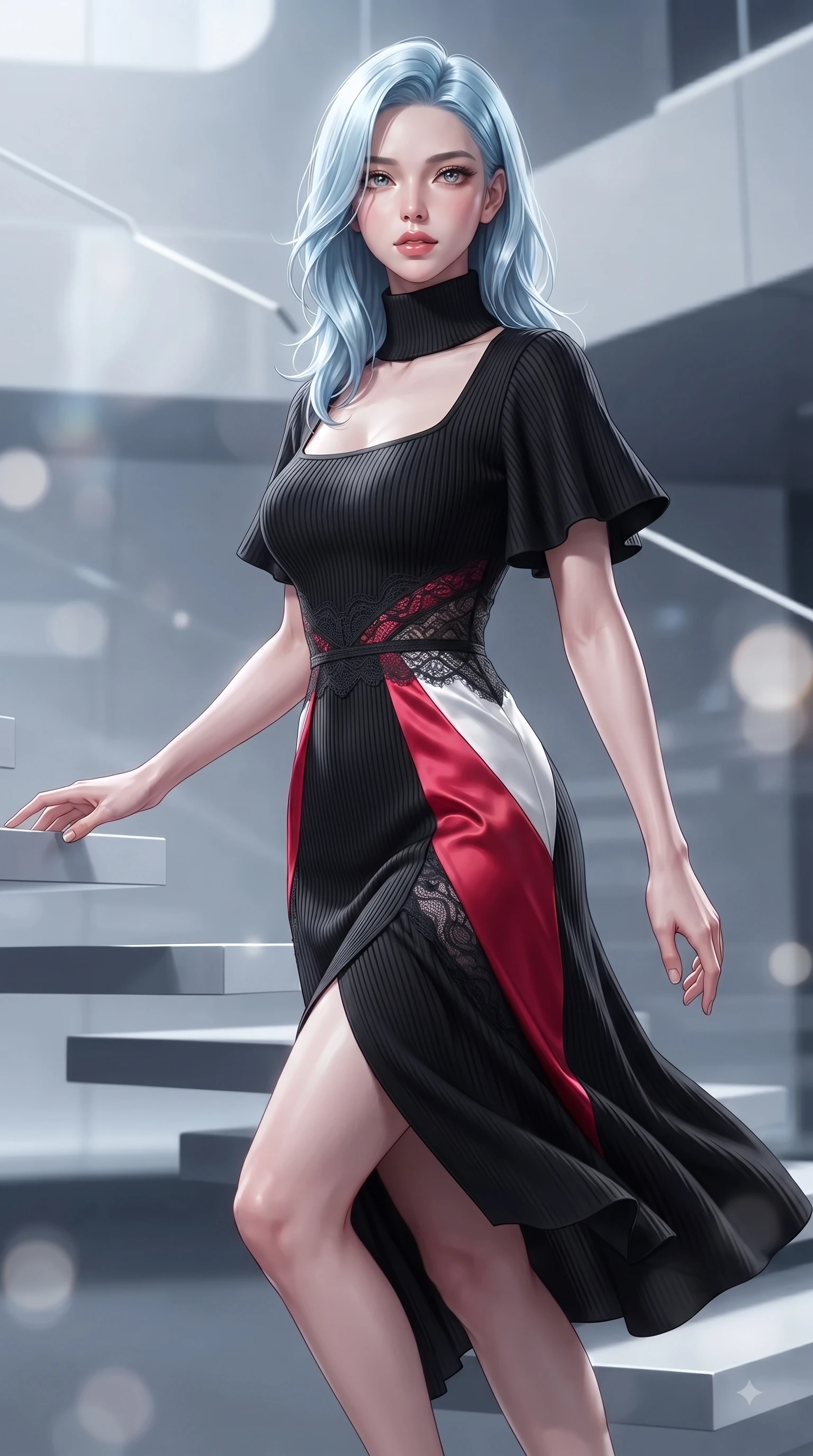 score_9, masterpiece, best quality, ultra-detailed, high-budget anime keyframe, editorial fashion photography, tasteful artistic composition, Korean woman. close-up cowboy shot from the waist and thighs up, the character dominates the composition, filling the frame with her large presence. Seductively magnetic look casting a fiery side-gaze with full glossy lips and smoldering glamour while ascending a minimalist floating staircase with flawless statuesque proportions. The composition keeps background elements in soft focus with dreamy bokeh. high-tech architectural lines blurring seamlessly into a soft-focus backdrop. She has an exceptionally elegant, slender, and willowy female figure with an ultra-slim waist, a gracefully sculpted slender torso, and a refined silhouette. sharp v-shaped jawline, high-bridge nose, intricate jewel-like eyes with depth, thick eyelashes, glossy lips with a natural sheen, flawlessly proportioned anatomical accuracy, natural body alignment, perfectly sculpted elegant limbs, clean dynamic posture without body distortion. wearing a chic black ribbed turtleneck knit dress accentuating her slender waist in vibrant crimson red and crisp snow white, made of fine lace weave and soft satin jersey, featuring elegant flutter sleeves and a graceful square neckline, the fluid drape swaying gracefully with her dynamic editorial movement. illuminated by polished specular highlights and cool futuristic rim lighting. ultra-reflective glossy finish, specular highlights, metallic sheen, high-contrast stereoscopic depth, volumetric dynamic lighting, 2k, ultra detail, master piece, 9:16 ratio