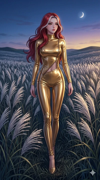 score_9, masterpiece, best quality, ultra-detailed, High-budget Anime Keyframe, East Asian woman. Dynamic full-body shot stretching the vertical silhouette to the limit. Scenario 118: Walking through a field of tall silver grass at twilight. Her pres