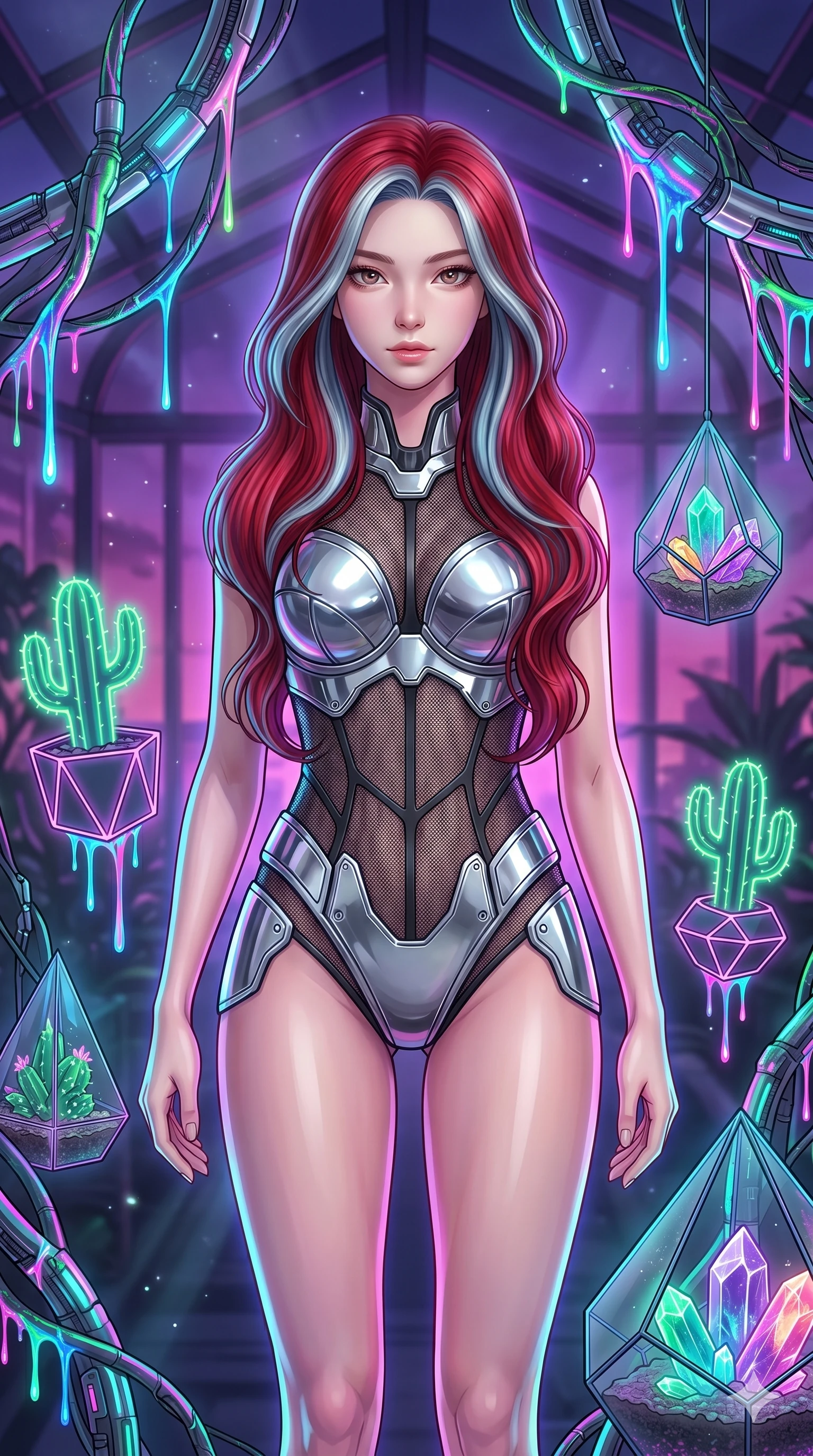 score_9, masterpiece, best quality, ultra-detailed, high-budget anime keyframe, Japanese woman. upper body close-up from the thighs up, character filling the screen for maximum presence. standing in a retro-futuristic synthwave greenhouse where glowing neon cacti and polyhedral glass terrariums float around her, while fluorescent cyber-sap drips from cybernetic vines. She has an absolutely perfect 8-heads proportion, an exceptionally tall and slender female figure with impossibly long slender legs and an ultra-slim waist. V-shaped jawline, high-bridge nose, intricate jewel-like eyes with depth, thick eyelashes, glossy lips with a natural sheen.. wearing a bionic chrome plate bodysuit, featuring silver chrome plates covering the bust and hips, connected by sheer black mesh panels. bathed in brilliant cinematic volumetric lighting and intense neon rim light highlighting her slender form. 2k, ultra detail, master piece, 9:16 ratio
