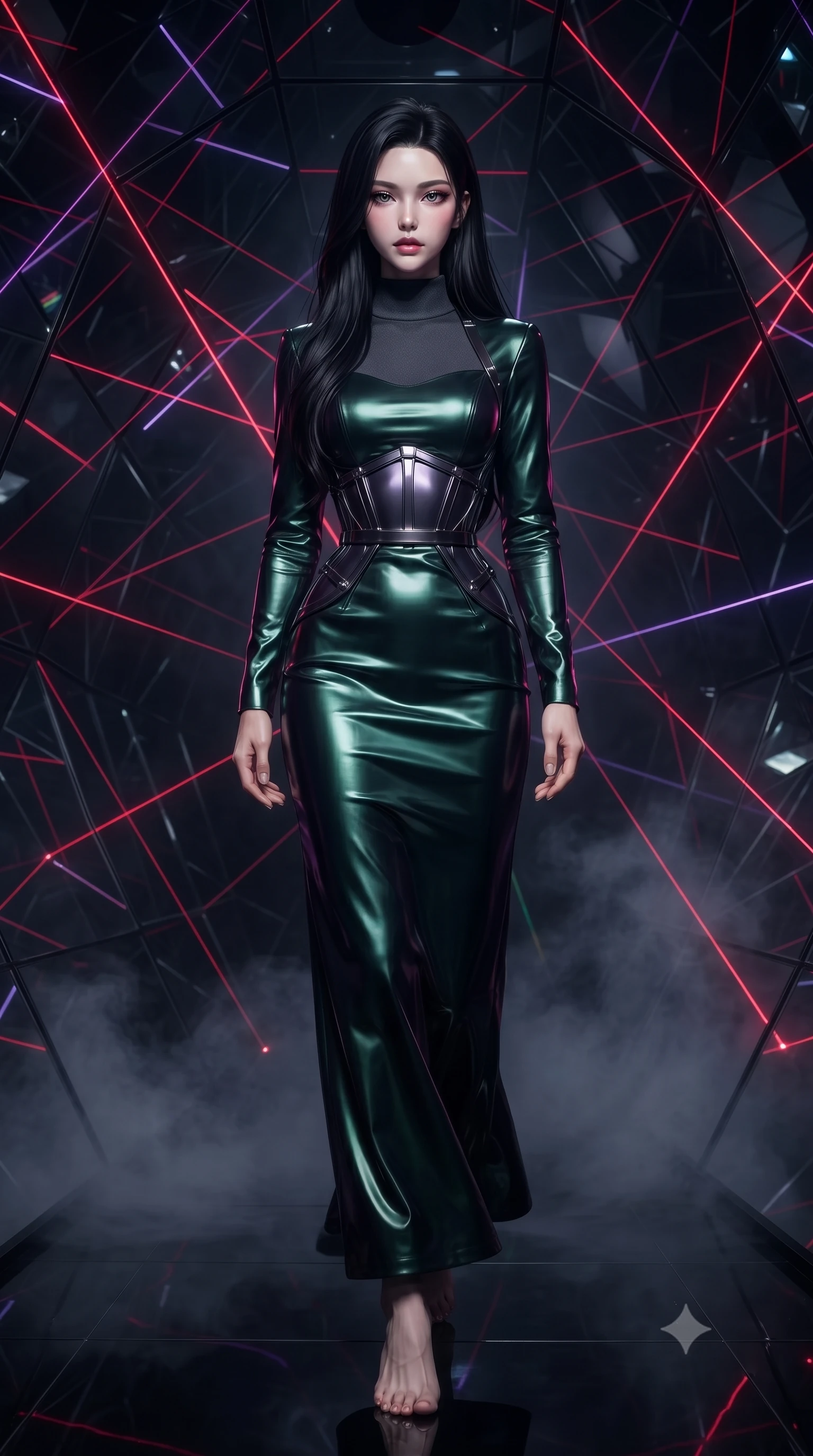 score_9, masterpiece, best quality, ultra-detailed, high-budget anime keyframe, editorial fashion photography, tasteful artistic composition, Korean woman. low angle full-body shot from head to toe showing her feet, filling the entire 9:16 vertical frame with her statuesque presence, stretching her vertical silhouette. forging confidently through the dark atmospheric mist, holding a poised statuesque stance, inside a pitch-black kaleidoscope chamber lined with rotating dark chrome mirrors, razor-sharp crimson and violet laser lines refracting through glass edges. She has an absolutely perfect, statuesque 8.5-heads proportion, an exceptionally tall and slender model-like female figure with impossibly long slender legs and an ultra-slim waist. sharp v-shaped jawline, high-bridge nose, intricate jewel-like eyes with depth, thick eyelashes, glossy lips with a natural sheen. wearing long-sleeved dark emerald satin gown with high structured neckline in dark charcoal gray, made of iridescent dark violet taffeta, highlighted by a gunmetal metallic harness structure, highlighting her statuesque proportions and ultra-slim waistline. lit by a single piercing key ray refracting into multi-color dark spectrums. ultra-reflective glossy finish, specular highlights, metallic sheen, high-contrast stereoscopic depth, volumetric dynamic lighting, 2k, ultra detail, master piece, 9:16 ratio
