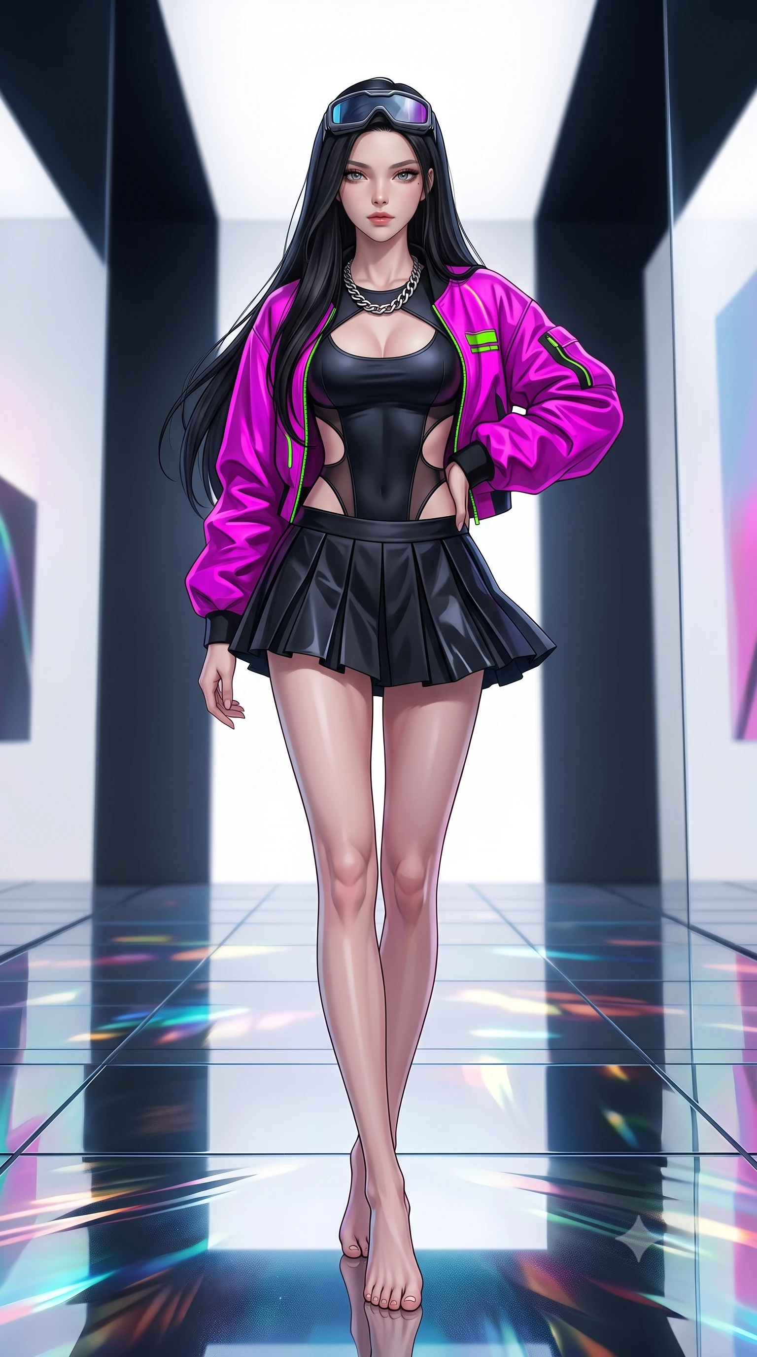 score_9, masterpiece, best quality, ultra-detailed, high-budget anime keyframe, semi-realistic 3D game render, editorial fashion photography, tasteful artistic composition, Korean woman. low angle full-body shot from head to toe showing her feet, filling the entire 9:16 vertical frame with her statuesque presence, stretching her vertical silhouette. landing lightly on the balls of her feet in a balanced kinetic stance, eyes locked onto the camera with fearless allure while pivoting gracefully on a mirrored floor as infinite reflections of light and color surround her slender frame. The surrounding environment is rendered in vivid detail and crisp panoramic clarity. ultra-modern minimalist gallery chiaroscuro and precision-engineered light art aesthetics in sharp focus. She has an absolutely perfect, statuesque 8.5-heads proportion, an exceptionally tall and slender model-like female figure with impossibly long slender legs, a toned flat midriff, and an ultra-slim waist. sharp v-shaped jawline, high-bridge nose, intricate jewel-like eyes with depth, thick eyelashes, glossy lips with a natural sheen, captivating and magnetic expression, flawlessly proportioned anatomical accuracy, strict slender model proportions, natural body alignment, perfectly sculpted long slender limbs, ultra-slim waistline, clean dynamic posture without body distortion. wearing a daring cutout cyberpunk bodysuit paired with an oversized neon-accented bomber jacket and pleated micro-skirt in matte black and vivid magenta, tailored from second-skin aerodynamic stretch vinyl and insulated satin, accessorized with a chunky silver chain necklace and cyber-visor goggles resting on her brow, the breezy yet form-flattering drape swaying gracefully with her steps, accentuating her long willowy limbs and slim waistline. surrounded by a cutting-edge, avant-garde, and mesmerizingly stylish future-fashion muse aura. highly saturated vibrant anime colors, detailed shading with soft gradients, rich glossy textures, high-contrast stereoscopic depth, volumetric dynamic lighting, master piece, 9:16 ratio
