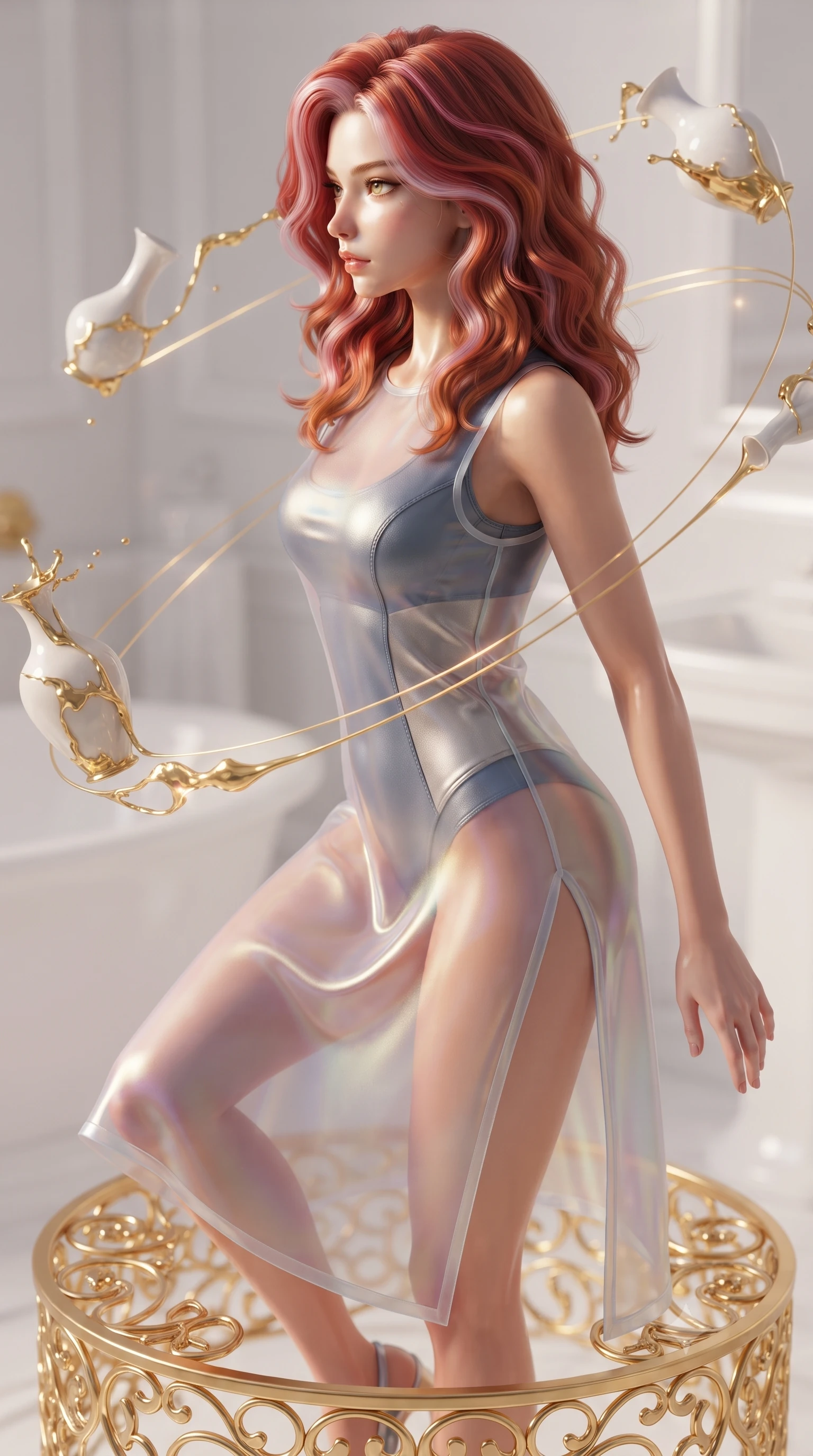 score_9, masterpiece, best quality, ultra-detailed, high-budget anime keyframe, editorial fashion photography, tasteful artistic composition, Caucasian woman. close-up cowboy shot from the waist and thighs up, the character dominates the composition, filling the frame with her large presence, background elements kept in soft focus. Turning her face in sharp profile while her upper body leans forward with poised athletic grace while balancing on a golden filigree altar as liquid gold streams connect suspended vase fragments, golden light threads binding broken ceramic pieces in dynamic orbital motion. She has an exceptionally elegant, slender, and willowy female figure with an ultra-slim waist, a gracefully sculpted slender torso, and a refined silhouette. sharp v-shaped jawline, high-bridge nose, intricate jewel-like eyes with depth, thick eyelashes, glossy lips with a natural sheen, flawlessly proportioned anatomical accuracy, natural body alignment, perfectly sculpted elegant limbs, clean dynamic posture without body distortion. wearing a semi-opaque sheer overlay dress over a leather micro-bodysuit in slate blue and metallic silver, crafted from iridescent chiffon that shifts colors in the light, finished with a sleek side slit ascending to mid-thigh, the elegant draped fit framing her graceful clavicle and slender torso. surrounded by a majestic inner radiance highlighting glossy white porcelain. ultra-reflective glossy finish, specular highlights, metallic sheen, high-contrast stereoscopic depth, volumetric dynamic lighting, 2k, ultra detail, master piece, 9:16 ratio