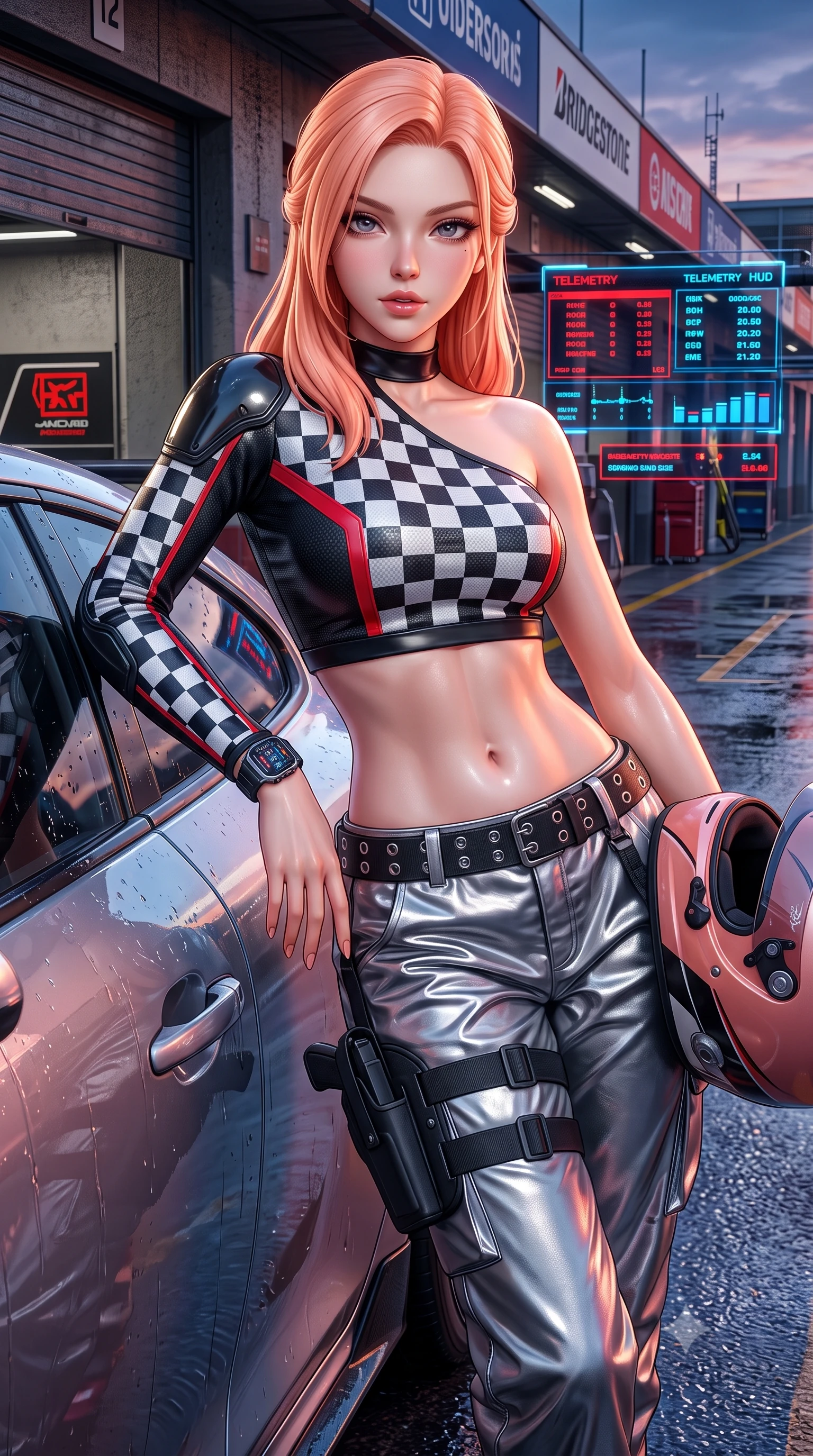 score_9, masterpiece, best quality, ultra-detailed, high-budget anime keyframe, semi-realistic 3D game render, editorial fashion photography, tasteful artistic composition, Japanese woman. close-up cowboy shot from the waist and thighs up, the character dominates the composition, filling the frame with her large presence. leaning forward toward the camera with playful, breathtaking intimacy, eyes locked onto the viewer with irresistible charisma while leaning deep against the driver's side door with hips cocked, helmet resting against her hip, smoldering gaze locking onto the lens. The surrounding environment is rendered in vivid detail and crisp panoramic clarity. detailed leather racing suit sponsor patches, zipper teeth, and glowing telemetry HUD screens in high resolution. She has an exceptionally elegant, slender, and willowy female figure with an ultra-slim waist, a gracefully sculpted slender torso, toned flat midriff, and a refined slim silhouette. sharp v-shaped jawline, high-bridge nose, intricate jewel-like eyes with depth, thick eyelashes, glossy parted lips with a natural sheen, intensely captivating and seductive expression, flawlessly proportioned anatomical accuracy, strict slender model proportions, natural body alignment, perfectly sculpted long slender limbs, ultra-slim waistline, clean dynamic posture without body distortion. wearing an asymmetric single-sleeve moto crop top paired with baggy metallic parachute trousers and grommet belt in monochrome checkerboard black and white with red accents, tailored from abrasion-resistant Kevlar weave with glossy protective panels, equipped with a low-slung utility holster and racing telemetry smartwatch, the athletic second-skin cut highlighting her toned flat midriff and slender model proportions during dynamic action. illuminated by wet specular asphalt bounce lights sculpting her toned midriff, slender waist, and long legs. highly saturated vibrant anime colors, detailed shading with soft gradients, rich glossy textures, high-contrast stereoscopic depth, volumetric dynamic lighting, master piece, 9:16 ratio