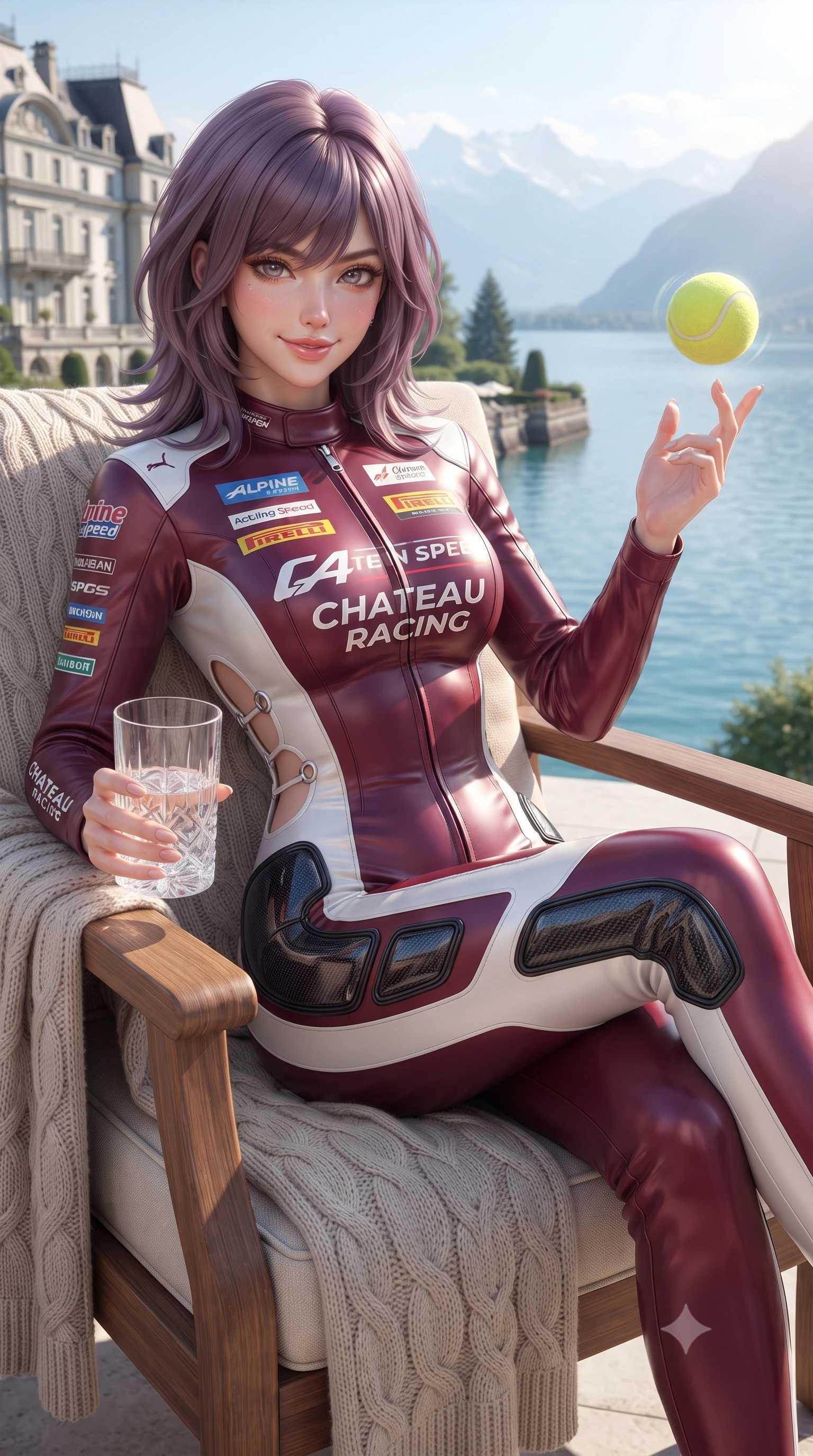score_9, masterpiece, best quality, ultra-detailed, high-budget anime keyframe, editorial fashion photography, tasteful artistic composition, Japanese woman. close-up cowboy shot from the waist and thighs up, the character dominates the composition, filling the frame with her large presence. playfully spinning a tennis ball on her fingertips, her radiant smile capturing fresh girlhood charm while her arched torso reveals an intoxicating hip contour while lounging in a teak garden armchair with legs crossed, holding a crystal water tumbler with effortless Swiss aristocratic allure. The surrounding environment is rendered in vivid detail and crisp panoramic clarity: detailed cashmere cable-knit texture, alpine sun on skin, and neoclassical lakefront chateau architecture in high resolution. She has an exceptionally elegant, slender, and willowy female figure with an ultra-slim waist, flat toned midriff, narrow ribcage, and sculpted feminine hips creating an alluring, slim hourglass silhouette without bulk. sharp v-shaped jawline, high-bridge nose, sparkling eyes with athletic focus and depth, thick curled eyelashes, glossy parted lips with a natural coral-peach sheen, bright confident and coquettish smile with alluring bedroom-eyes, exuding both youthful sporty vigor and sovereign high-society glamour, flawlessly proportioned anatomical accuracy, strict slender model proportions, natural body alignment, perfectly sculpted long slender limbs, ultra-slim waistline, clean dynamic posture without body distortion. wearing a second-skin compression stretch racing catsuit with racing team sponsor graphics and sculpted carbon hip guards in rich burgundy wine and crisp court white, crafted from supple buttery lambskin racing leather with a satin sheen, finished with sharp laser-cut side ventilation cutouts framed by chrome rings, the form-contouring athletic cut accentuating her sculpted flat midriff, narrow delicate ribcage, and gracefully curvy hips with supermodel precision. bathed in luminous alpine morning sunlight cascading across the vast lake basin. ultra-reflective glossy finish, specular highlights, rich textural contrasts, high-contrast stereoscopic depth, volumetric dynamic lighting, 2k, ultra detail, master piece, 9:16 ratio