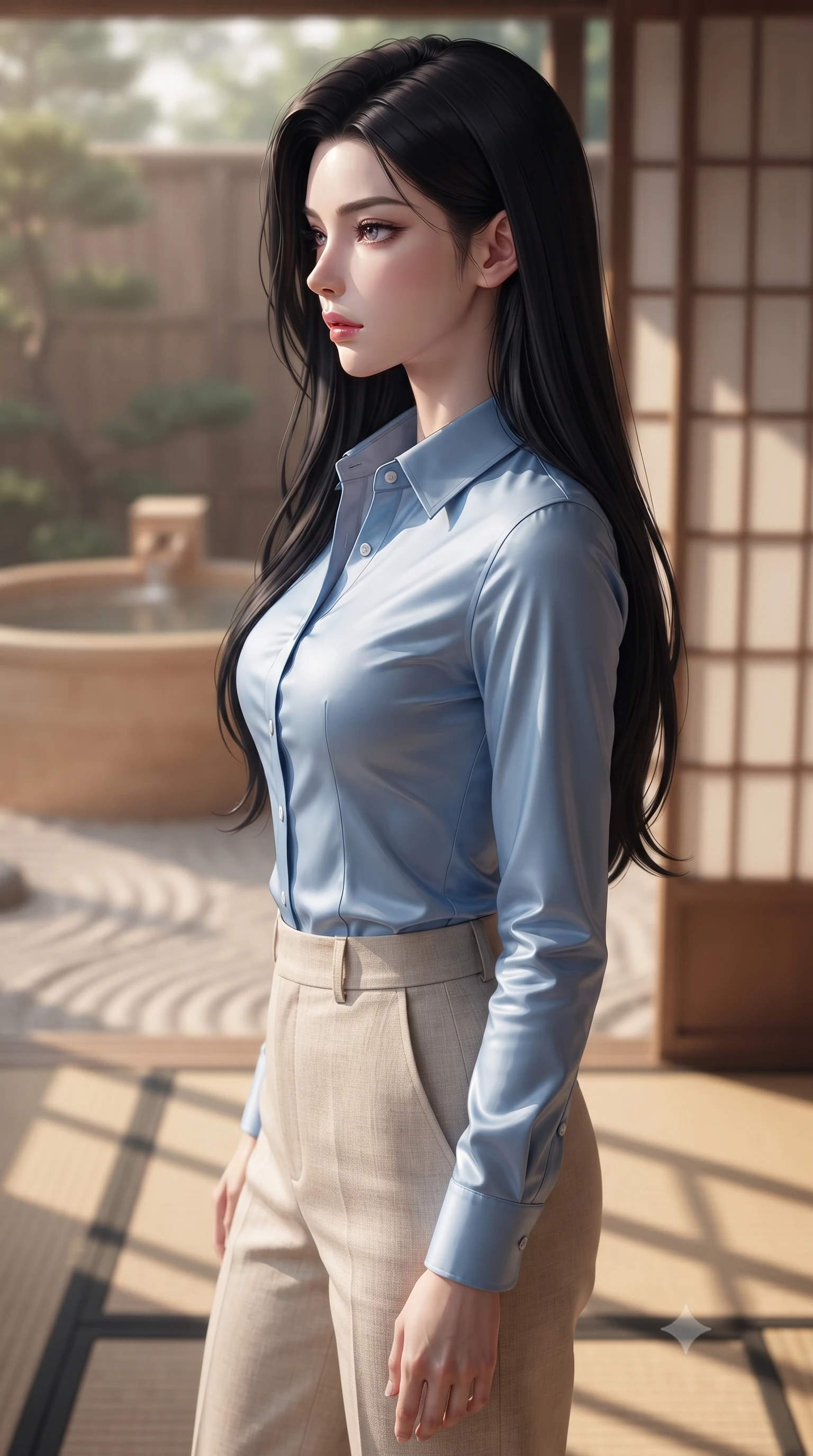score_9, masterpiece, best quality, ultra-detailed, high-budget anime keyframe, editorial fashion photography, tasteful artistic composition, Korean woman. close-up cowboy shot from the waist and thighs up, the character dominates the composition, filling the frame with her large presence, background elements kept in soft focus. turning her face in sharp profile, casting a cold, mysterious, yet intensely alluring side gaze, the background shows a soft-focus a traditional ryokan cypress wood bath (hinoki) facing a sand gravel garden. She has an exceptionally elegant, slender, and willowy female figure with an ultra-slim waist, a gracefully sculpted slender torso, and a refined silhouette. sharp v-shaped jawline, high-bridge nose, intricate jewel-like eyes with depth, thick eyelashes, glossy lips with a natural sheen. wearing a form-contouring tailored sky blue button-down shirt tucked into high-waisted beige linen trousers. soft late afternoon sunrays casting long wooden grid shadows on the tatami. ultra-reflective glossy finish, specular highlights, metallic sheen, high-contrast stereoscopic depth, volumetric dynamic lighting, 2k, ultra detail, master piece, 9:16 ratio