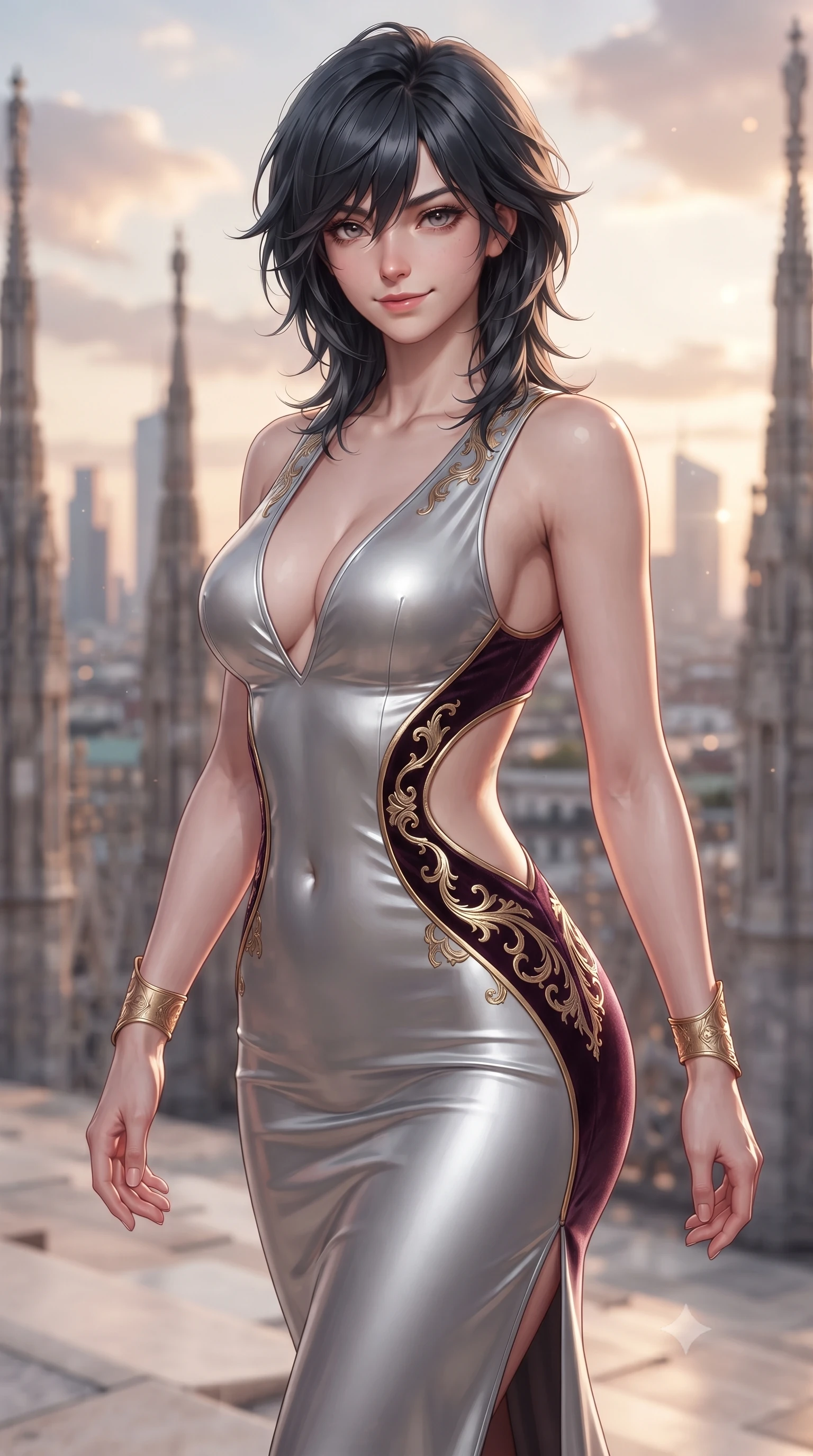 score_9, masterpiece, best quality, ultra-detailed, high-budget anime keyframe, editorial fashion photography, tasteful artistic composition, Caucasian woman. close-up cowboy shot from the waist and thighs up, the character dominates the composition, filling the frame with her large presence. tilting her head with a teasing half-smile, running one hand slowly down the side of her hip in a flirtatious S-curve as ambient light caresses her silhouette while walking poised along the narrow Candoglia marble catwalk between gothic spires, arching her back with statuesque supermodel grace. The background shows a soft-focus hundreds of gothic marble pinnacles and statues, sweeping city panorama of modern Milan skyscrapers, and sunset clouds blurred into peach, rose, and gold bokeh. She has an exceptionally elegant, slender, and willowy female figure with an ultra-slim waist, flat toned midriff, narrow ribcage, and sculpted feminine hips creating an alluring, slim hourglass silhouette without bulk. sharp v-shaped jawline, high-bridge nose, intricate jewel-like sparkling eyes with depth, thick eyelashes, glossy parted lips with a natural peach sheen, bright cheerful beaming smile with an enchanting and coquettish sensual glint, exuding both youthful cute charm and seductive allure, flawlessly proportioned anatomical accuracy, strict slender model proportions, natural body alignment, perfectly sculpted long slender limbs, ultra-slim waistline, clean dynamic posture without body distortion. wearing a liquid silver jersey plunge-neck bodycon dress with daring side cutouts tracing her dewy waist and hips in opulent dark velvet plum and gilded filigree, made of semi-opaque stretch illusion mesh with soft shadowy contours along her waist, accented with delicate golden wrist cuffs reflecting warm chandelier light, the precision-cut side openings and low-back scoop framing her graceful spine and the sensual sweep of her slim, toned hips. illuminated by white marble bounce fill and razor-sharp platinum-gold rim lights defining her dewy collarbones, ultra-slim waist, and curvy hips. ultra-reflective glossy finish, specular highlights, rich textural contrasts, high-contrast stereoscopic depth, volumetric dynamic lighting, 2k, ultra detail, master piece, 9:16 ratio