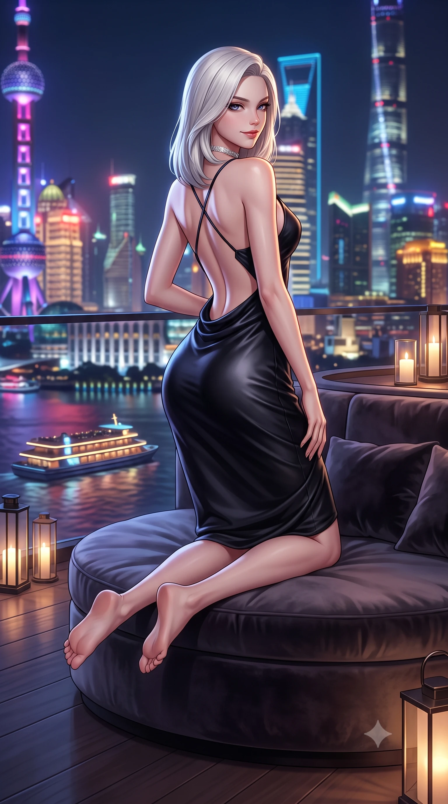 score_9, masterpiece, best quality, ultra-detailed, high-budget anime keyframe, semi-realistic 3D game render, editorial fashion photography, tasteful artistic composition, Caucasian woman. low angle full-body shot from head to toe showing her feet, filling the entire 9:16 vertical frame with her statuesque presence, stretching her vertical silhouette. posing with back turned slightly to the lens, glancing back with an intoxicating, dangerous smile as she arches her lower back to emphasize her sculpted feminine hips and slender waist while lounging gracefully on a circular low banquette propped on one elbow, her radiant dark allure commanding the frame against the futuristic neon towers. The composition keeps background elements in soft focus with dreamy creamy bokeh. slow-moving illuminated river barges and art deco terrace lanterns softened in glamorous Shanghai shallow focus. She has an exceptionally tall and slender model-like 8.5-heads proportion, an ultra-slim waist, a flat toned midriff, narrow delicate ribcage, and beautifully sculpted feminine hips creating a graceful, slim hourglass silhouette without any bulky heaviness, with impossibly long slender legs. sharp v-shaped jawline, high-bridge nose, intricate jewel-like dark sparkling eyes with dangerous depth, thick curled eyelashes, glossy parted lips with a rich wine sheen, smoldering seductive half-smile with bedroom-eyes, exuding effortless superiority and intoxicating dark allure, flawlessly proportioned anatomical accuracy, strict slender model proportions, natural body alignment, perfectly sculpted long slender limbs, ultra-slim waistline, clean dynamic posture without body distortion. wearing a cowl-neck emerald green silk satin slip dress with criss-cross back straps and hip-accentuating drape in pure obsidian monochrome with subtle metallic sheen, made of supple butter-soft lambskin leather with a subtle satin sheen, finished with a delicate diamond choker catching the chandelier light, the precision-cut side openings and low-back scoop framing her graceful spine and the sensual sweep of her slim, toned hips. bathed in dramatic neon riverfront ambient bounce and warm terrace candle highlights. highly saturated vibrant anime colors, detailed shading with soft gradients, rich glossy textures, high-contrast stereoscopic depth, volumetric dynamic lighting, master piece, 9:16 ratio