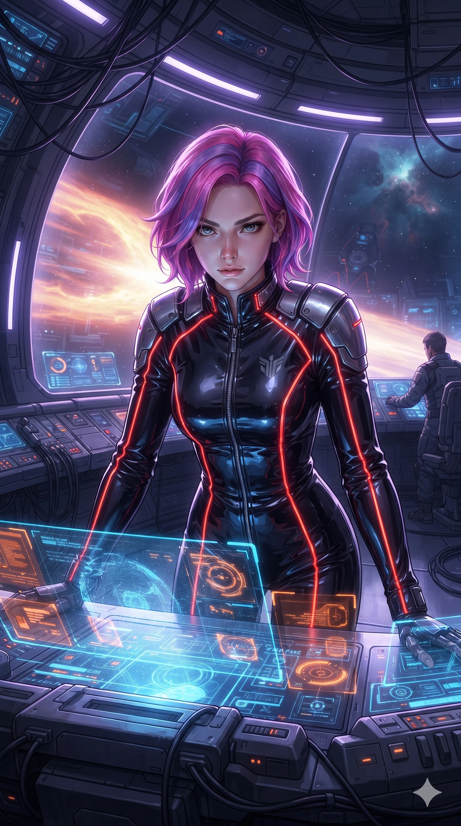 score_9, masterpiece, best quality, ultra-detailed, high-budget anime keyframe, editorial fashion photography, tasteful artistic composition, Caucasian woman. close-up cowboy shot from the waist and thighs up, the character dominates the composition, filling the frame with her large presence. leaning forward over the holographic console while arching her lower back to accentuate her curvy hips, looking into the camera with an intoxicating smoldering bedroom-gaze while standing poised on the panoramic observation gantry, arching her lower back with sovereign supermodel poise as a collimated relativistic plasma jet erupts from the singularity core. The surrounding environment is rendered in vivid detail and crisp panoramic clarity: detailed high-tech flight suit tailoring, silver hardware rings, and space station architecture in razor-sharp clarity. She has an exceptionally elegant, slender, and willowy female figure with an ultra-slim waist, flat toned midriff, narrow ribcage, and sculpted feminine hips creating an alluring, slim hourglass silhouette without bulk. sharp v-shaped jawline, high-bridge nose, intricate jewel-like sparkling eyes with depth, thick eyelashes, glossy parted lips with a natural sheen, bright confident smile with an enchanting and coquettish sensual glint, exuding both youthful magnetic charm and sovereign high-tech allure, flawlessly proportioned anatomical accuracy, strict slender model proportions, natural body alignment, perfectly sculpted long slender limbs, ultra-slim waistline, clean dynamic posture without body distortion. wearing a refined long-sleeve high-collar flight jumpsuit crafted with ergonomic pressure-sealed seams in midnight black lacquer and vibrant scarlet neon, made of flexible bullet-resistant ballistic microfiber with high-tensile strength, accented with strategically placed chrome armor plate guards covering key curves, the bespoke structured tailoring following the natural line of her 8.5-heads silhouette with refined elegance. illuminated by window reflections and sharp violet-platinum rim lights sculpting her razor-sharp jawline, narrow waist, and curvy hips. ultra-reflective glossy finish, specular highlights, rich textural contrasts, high-contrast stereoscopic depth, volumetric dynamic lighting, 2k, ultra detail, master piece, 9:16 ratio