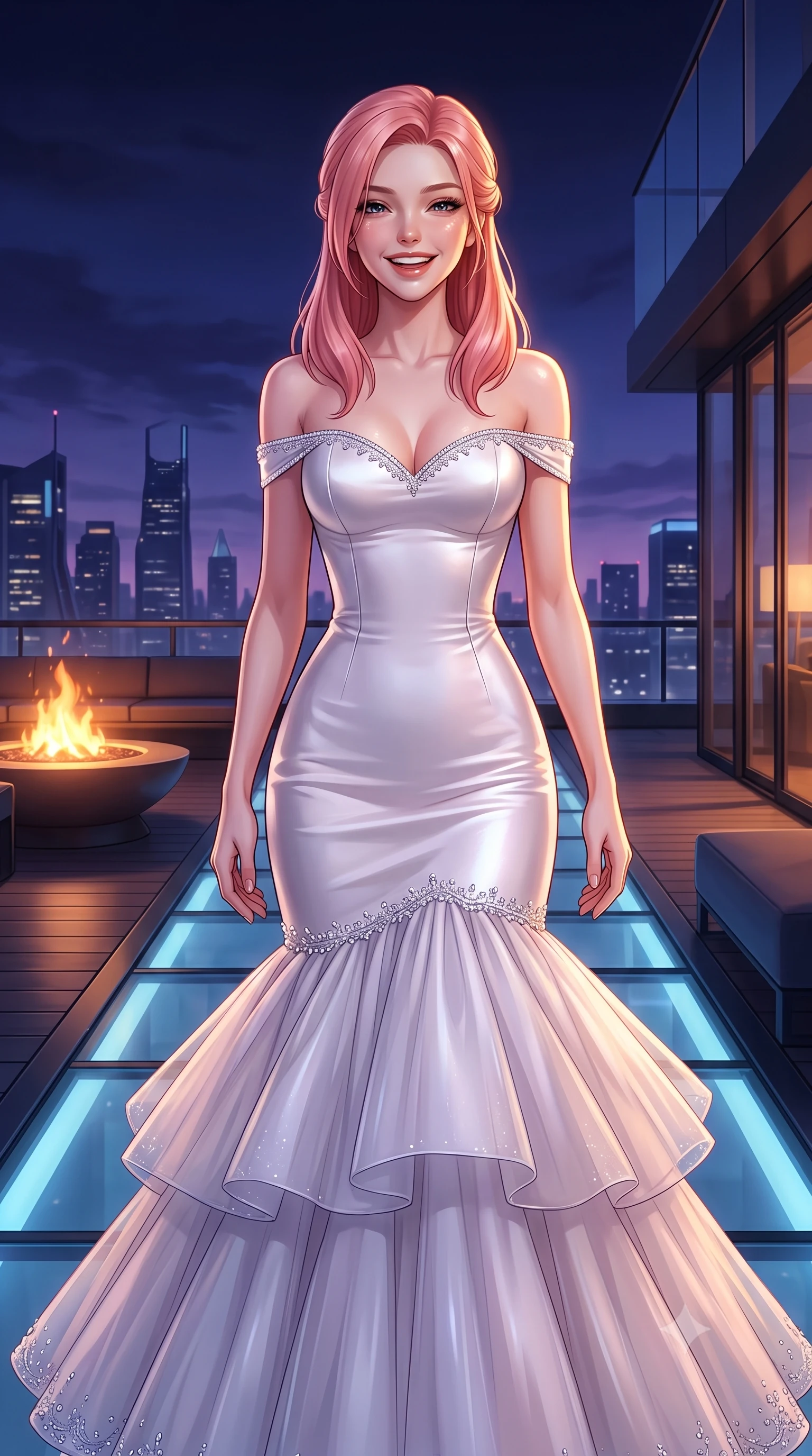 score_9, masterpiece, best quality, ultra-detailed, high-budget anime keyframe, semi-realistic 3D game render, editorial fashion photography, tasteful artistic composition, Japanese woman. close-up cowboy shot from the waist and thighs up, the character dominates the composition, filling the frame with her large presence. laughing softly with genuine, enchanting warmth, eyes crinkling sweetly as specular highlights illuminate her cheeks while striding along the illuminated glass deck with effortless high-fashion authority and statuesque poise. The surrounding environment is rendered in vivid detail and crisp panoramic clarity. sleek modern luxury chiaroscuro and futuristic skyline elegance rendered with environmental precision. She has an exceptionally elegant, slender, and willowy female figure with an ultra-slim waist, a gracefully sculpted slender torso, toned flat midriff, and a refined slim silhouette. sharp v-shaped jawline, high-bridge nose, intricate jewel-like eyes with depth, thick eyelashes, glossy lips with a natural sheen, captivating and magnetic expression, flawlessly proportioned anatomical accuracy, strict slender model proportions, natural body alignment, perfectly sculpted long slender limbs, ultra-slim waistline, clean dynamic posture without body distortion. wearing a tiered crystal-embellished tulle ballgown with an exposed clavicle neckline and sweetheart bustier in midnight obsidian black and liquid gold, tailored from ultra-smooth duchess satin with a pearlescent sheen, finished with delicate crystal embroidery along the neckline and hem, the glove-like aerodynamic second-skin fit tightly clinging to her ultra-slender waist and athletic curves without adding bulk, accentuating her razor-sharp statuesque lines and slim hourglass silhouette. bathed in twilight indigo sky tones and warm amber rooftop fire pit glow. highly saturated vibrant anime colors, detailed shading with soft gradients, rich glossy textures, high-contrast stereoscopic depth, volumetric dynamic lighting, master piece, 9:16 ratio