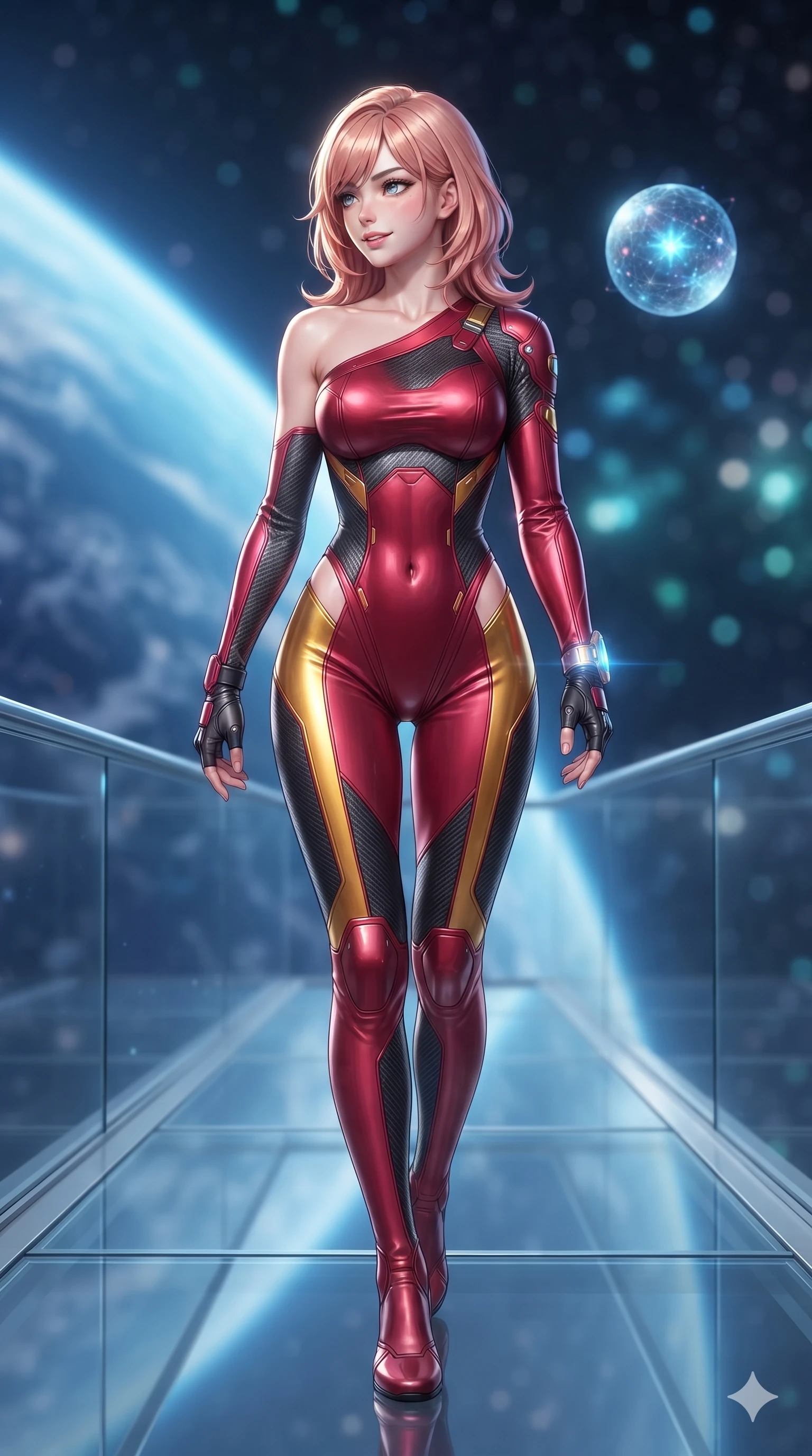 score_9, masterpiece, best quality, ultra-detailed, high-budget anime keyframe, editorial fashion photography, tasteful artistic composition, Japanese woman. low angle full-body shot from head to toe showing her feet, filling the entire 9:16 vertical frame with her statuesque presence, stretching her vertical silhouette. walking slowly along the transparent glass skybridge, looking back over her shoulder with an air of effortless grace and an alluring, smoldering smile while twisting her slender torso in an alluring S-curve, brilliant blue earthlight and platinum ring reflections painting glowing highlights across her flat midriff and hourglass curves. The background shows a soft-focus curved blue planetary limb with glowing atmospheric rim, floating holographic star-globe sphere, and distant starfields blurred into sapphire, turquoise, and diamond bokeh. She has an absolutely perfect, statuesque 8.5-heads proportion, an exceptionally tall and slender model-like female figure with impossibly long slender legs, an ultra-slim waist, a flat toned midriff, narrow delicate ribcage, and beautifully sculpted feminine hips creating a graceful, slim hourglass silhouette without any bulky heaviness. sharp v-shaped jawline, high-bridge nose, intricate jewel-like sparkling eyes with depth, thick eyelashes, glossy parted lips with a natural sheen, bright confident smile with an enchanting and coquettish sensual glint, exuding both youthful magnetic charm and sovereign high-tech allure, flawlessly proportioned anatomical accuracy, strict slender model proportions, natural body alignment, perfectly sculpted long slender limbs, ultra-slim waistline, clean dynamic posture without body distortion. wearing an asymmetric one-shoulder combat catsuit with carbon-weave paneling and an open-waist architecture emphasizing her hips in relativistic crimson and blazing accretion gold, woven from buttery-soft stretch lambskin leather adhering to her body like a second skin, complemented by fingerless armored tactical gloves and a glowing holographic wrist terminal, the precision-cut side openings and low-back scoop framing her graceful spine and the sensual sweep of her slim, toned hips. illuminated by deck bounce and sharp sapphire-platinum rim lights defining her razor-sharp jawline, narrow waist, and curvy hips. ultra-reflective glossy finish, specular highlights, rich textural contrasts, high-contrast stereoscopic depth, volumetric dynamic lighting, 2k, ultra detail, master piece, 9:16 ratio