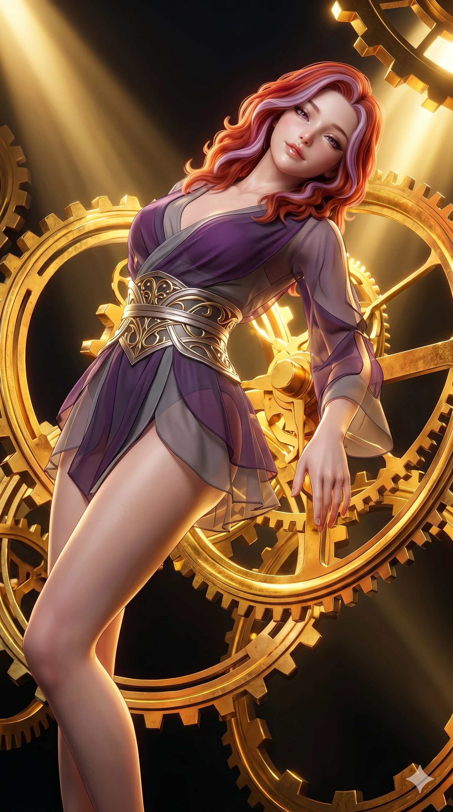 score_9, masterpiece, best quality, ultra-detailed, high-budget anime keyframe, semi-realistic 3D game render, Caucasian woman, strictly human ears. Upper body close-up from the thighs up, character filling the screen for maximum presence. She is intertwined with massive floating gold gears and clockwork mechanisms suspended in a void. She arches her spine backwards, looking at the camera with a dreamy, sensual gaze. She has an absolutely perfect 8-heads proportion, an exceptionally tall and slender female figure with impossibly long slender legs and an ultra-slim waist. V-shaped jawline, high-bridge nose, intricate jewel-like eyes with depth, thick eyelashes, glossy lips with a natural sheen. She is wearing a shortened cyber-fusion wrap top with transparent chiffon panels, a deep crossover neckline, and a high-waisted metallic sash that accentuates her ultra-slim waist. The scene is illuminated by warm, blindingly bright golden spotlights and sharp volumetric light rays. 2k, ultra detail, master piece, 9:16 ratio
